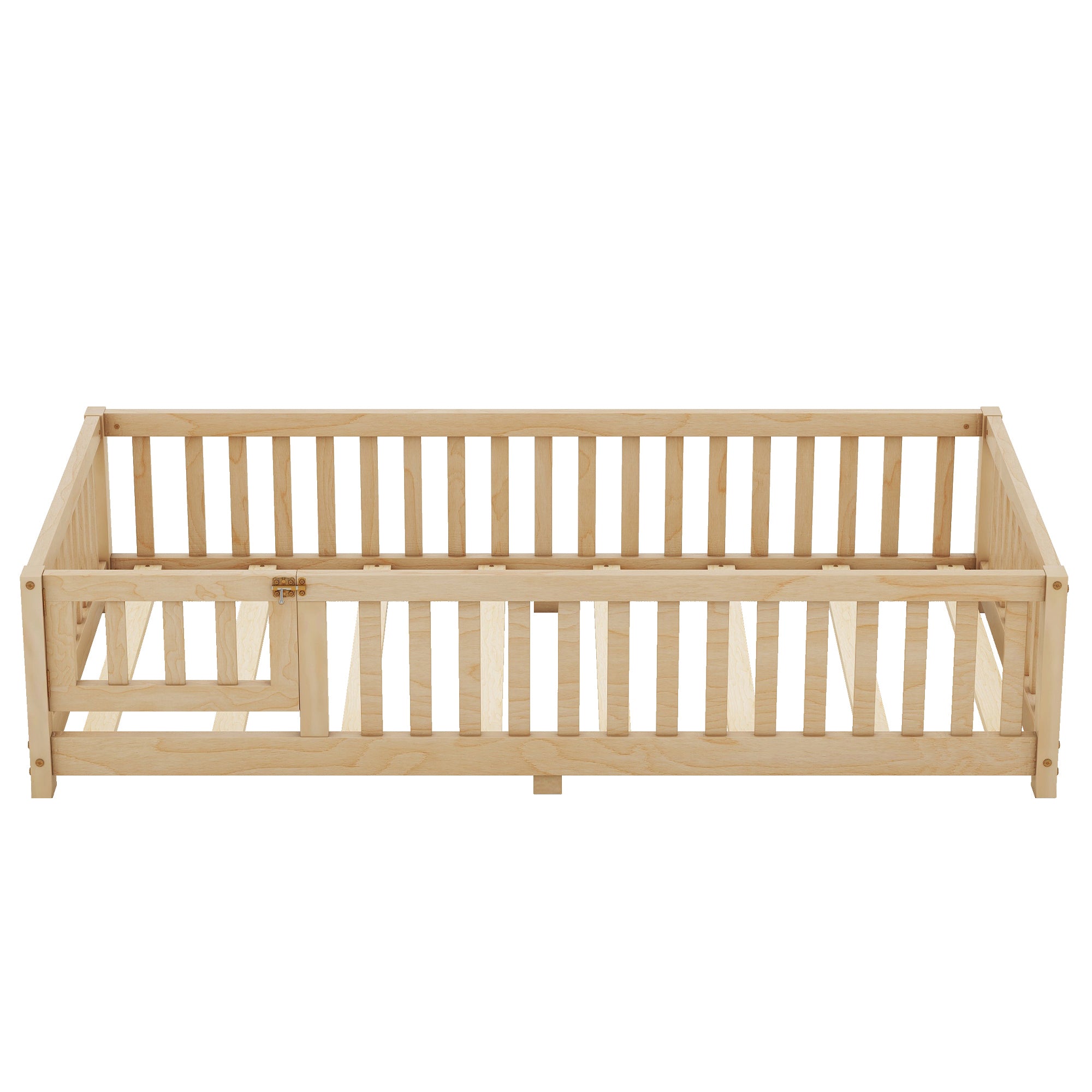 Twin Size Bed Floor Bed with Safety Guardrails and Door for Kids, Natural(Old SKU: W158090686)