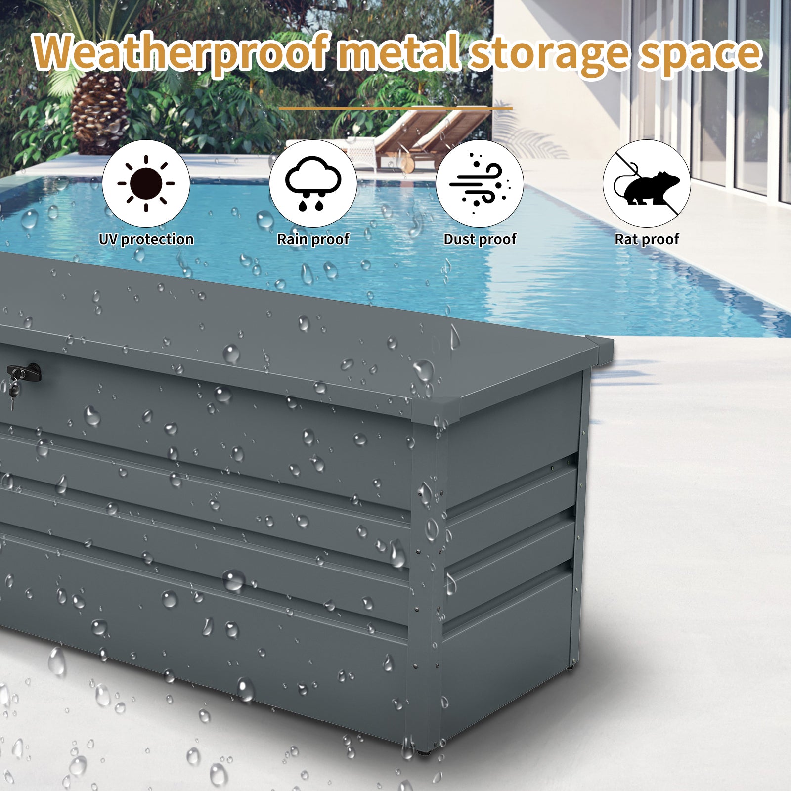 260 Gallon Metal Outdoor Deck Box Waterproof, Extra Large Patio Storage Box with Lockable Storage Containers for Patio Furniture Cushions, Pool Accessories, Garden Tools Dark Gray