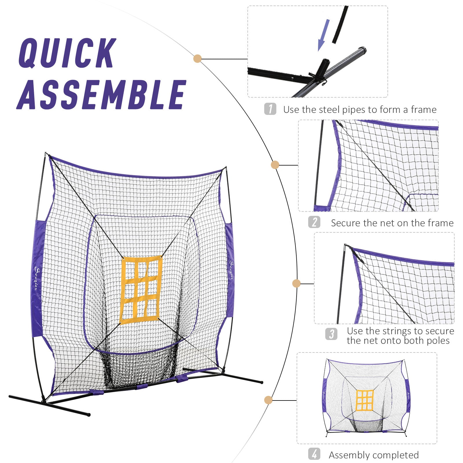 Soozier Baseball Practice Net Set with 7.5x7ft Catcher Net, Ball Caddy and Batting Tee, Portable Baseball Practice Equipment with Carry Bag for Hitting, Pitching, Batting, Catching, Purple