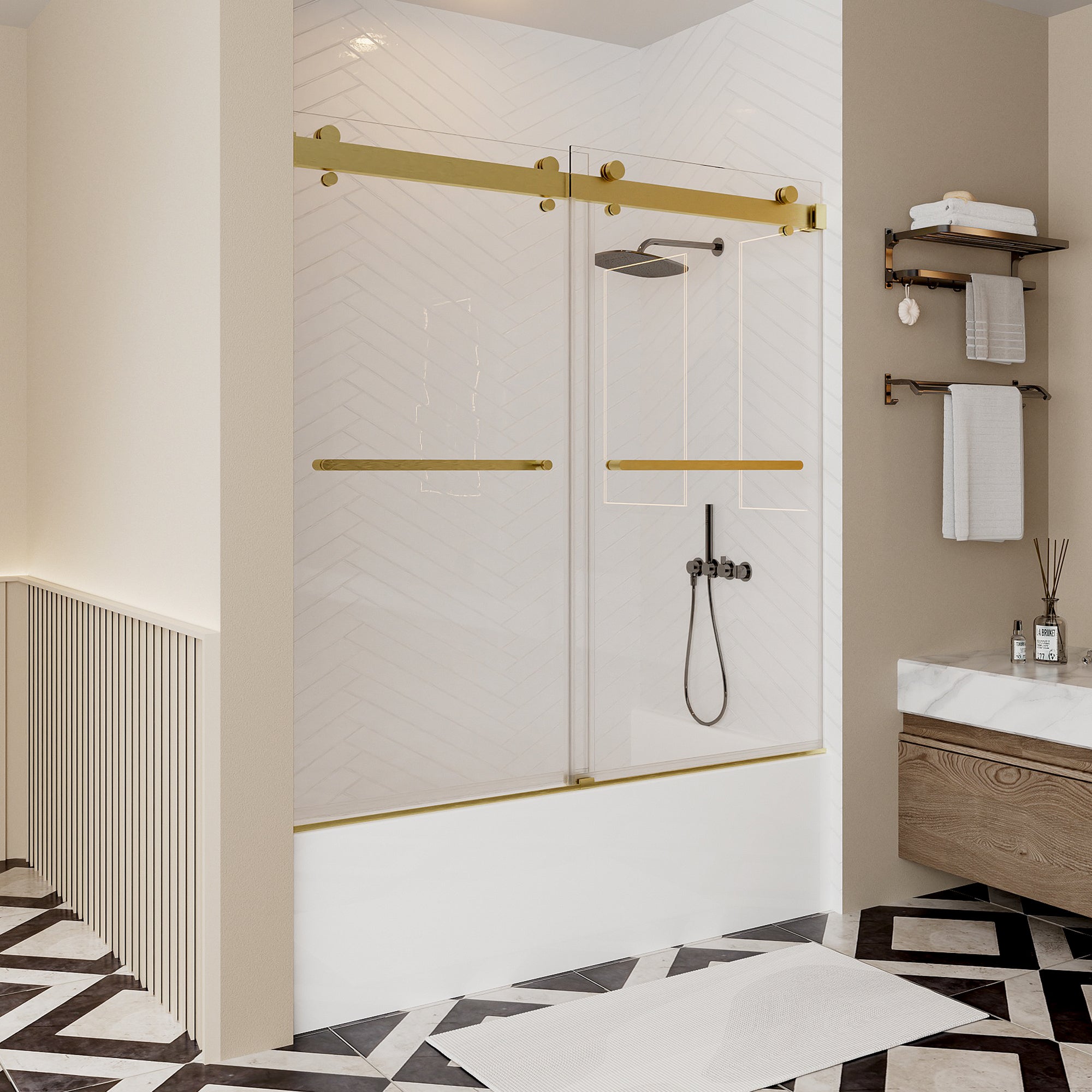 56-60"W × 60"H Double Sliding Frameless Bathtub Door With 3/8 inches (10mm) Clear Tempered Glass, Brushed Gold Finish