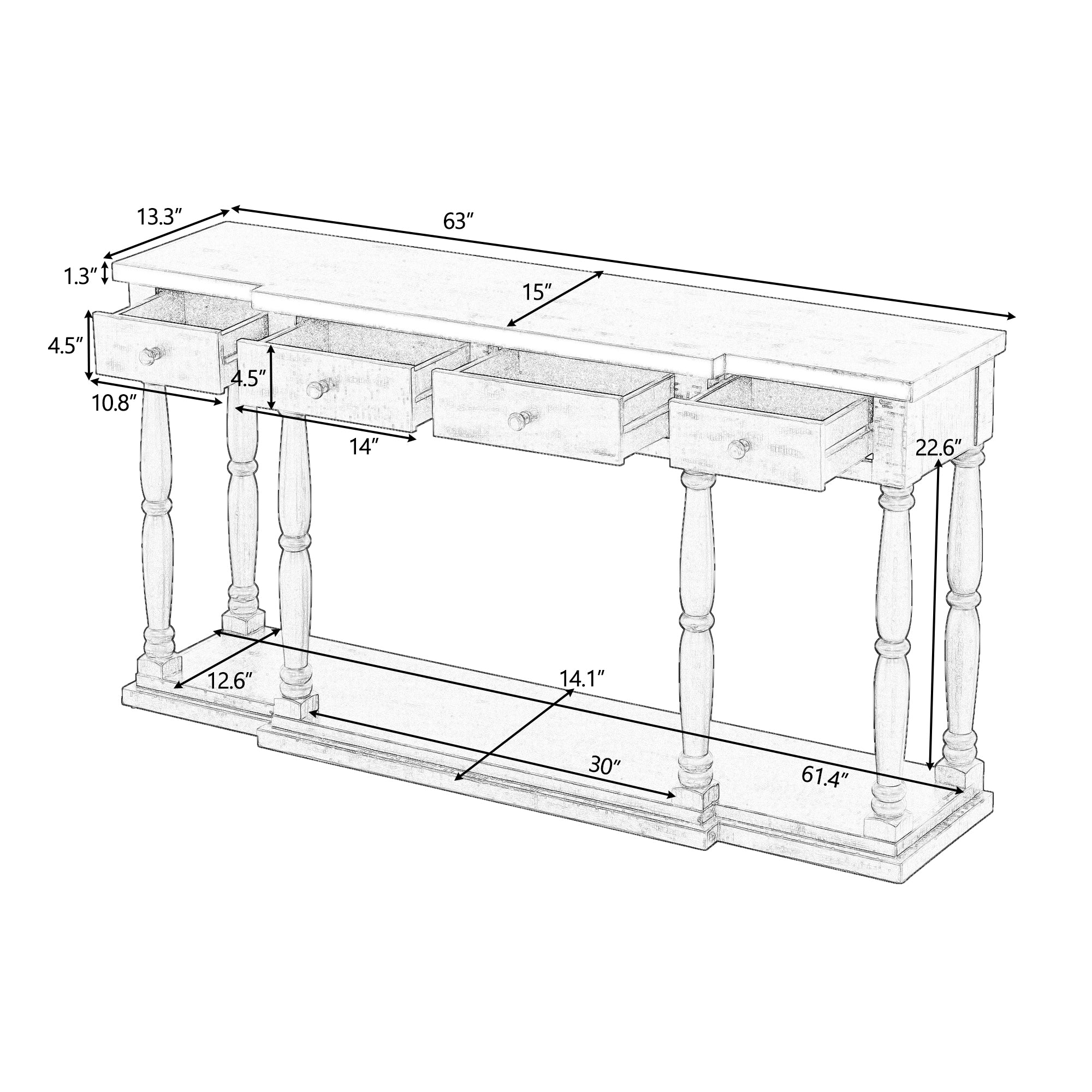 U_STYLE Retro Senior Console Table for Hallway Living Room Bedroom with 4 Front Facing Storage Drawers and 1 Shelf