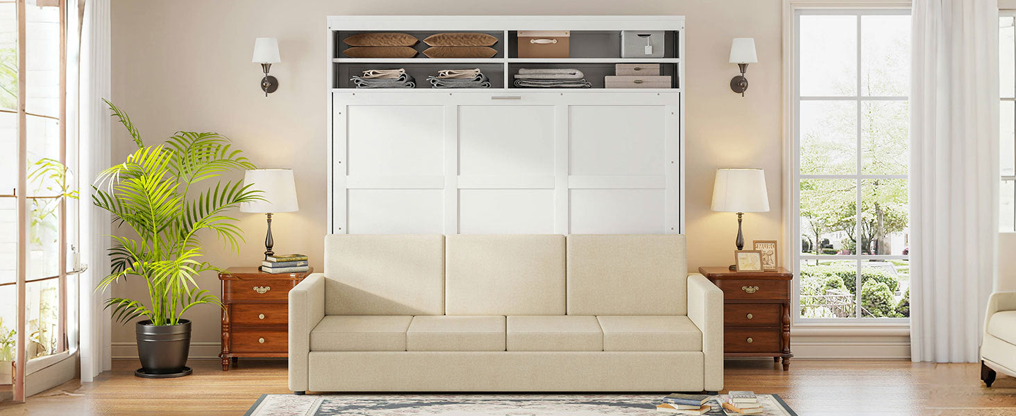 Queen Size Murphy Bed Wall Bed with Sofa,White