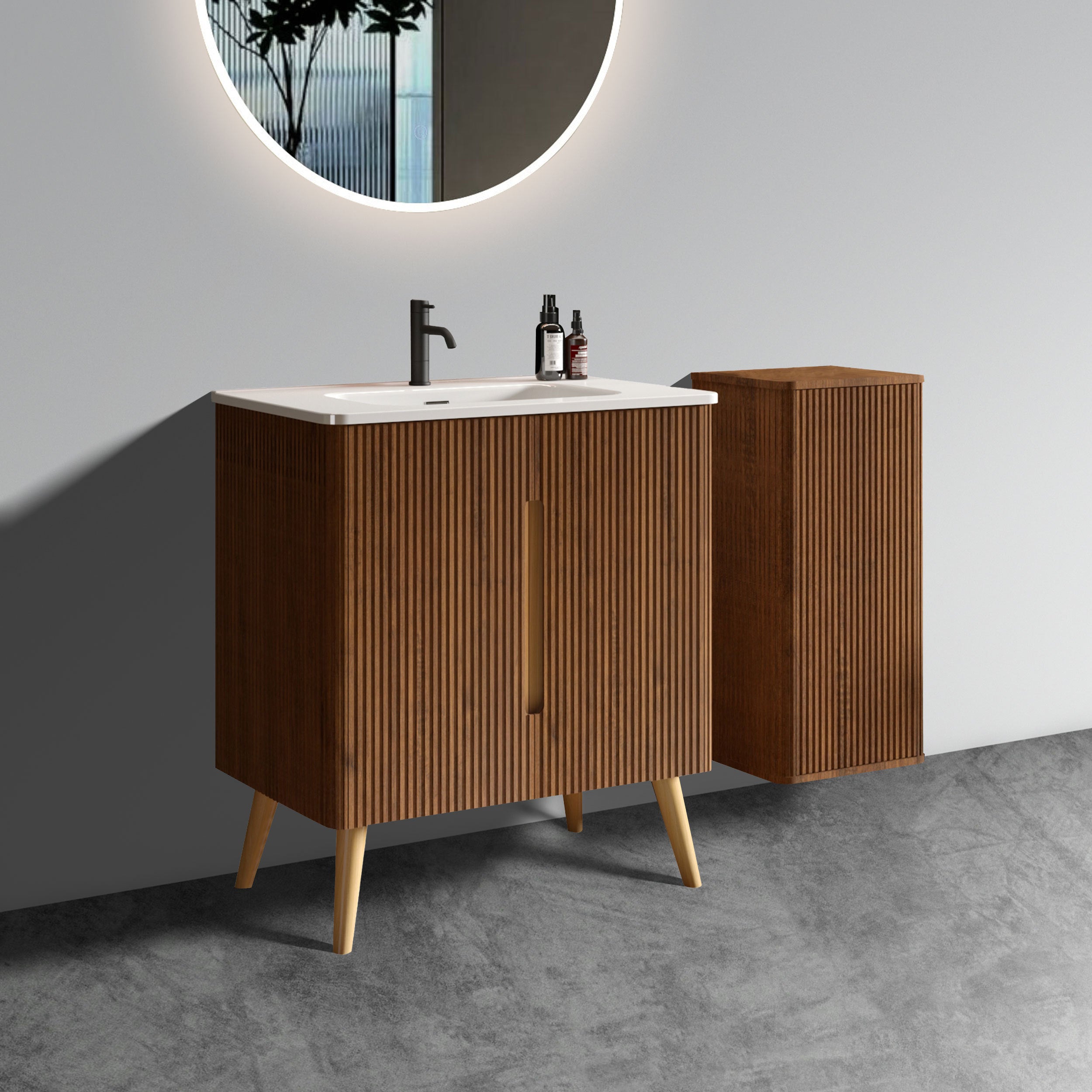 Etna 30" Striped Walnut Bathroom Vanity with Sink & Side Cabinet, Freestanding Vanity & Floating Storage Cabinet Combo for Modern Bathroom, KD