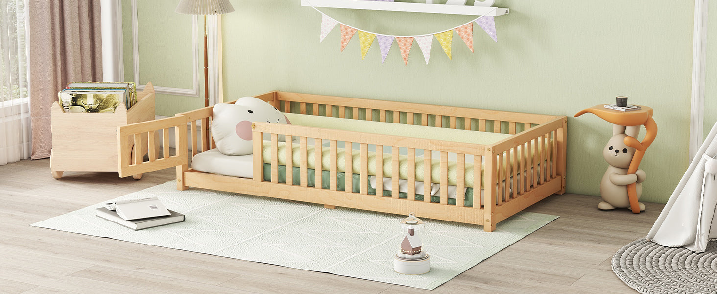 Twin Size Bed Floor Bed with Safety Guardrails and Door for Kids, Natural(Old SKU: W158090686)