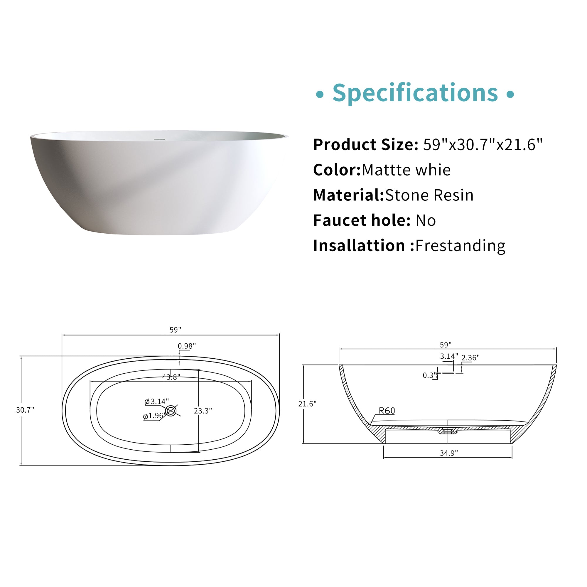 59'' Solid Surface Matte Tub, Solid Surface Soaking Tub, Stone Resin Freestanding Bathtub, Thick Edge Stand Alone Tubs with Overflow, Pop-up Drain, Matte White (Oval)