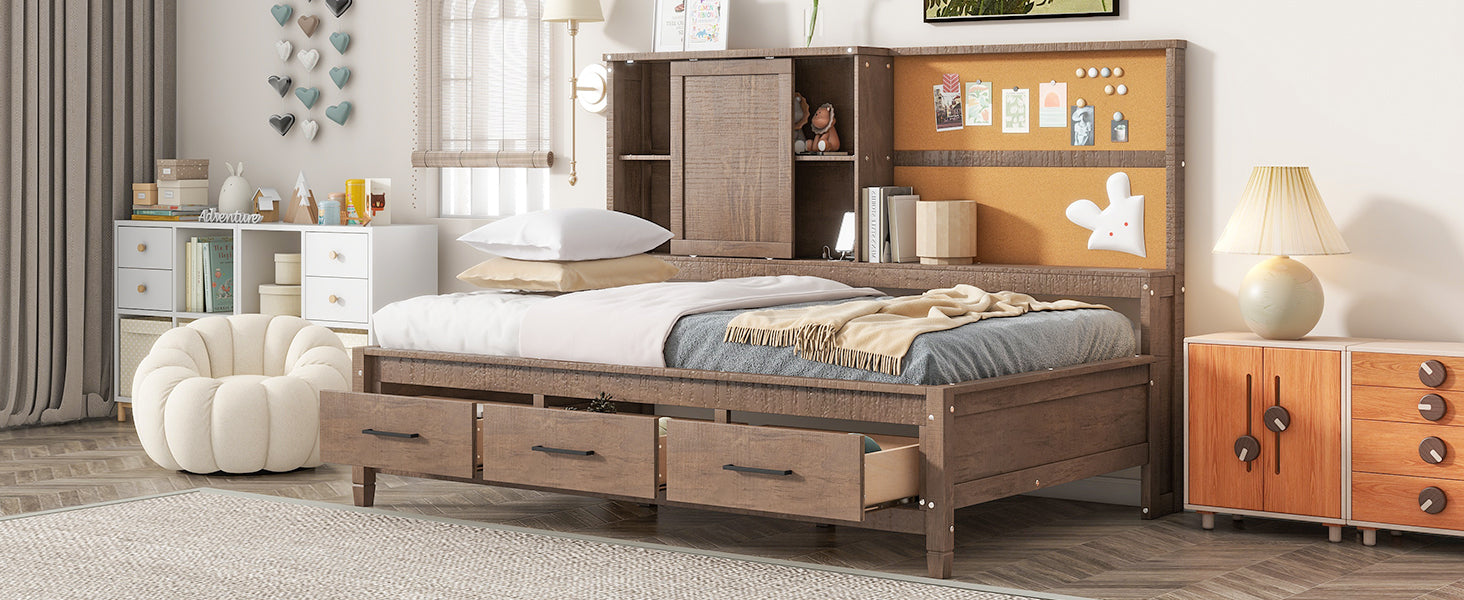 Twin Size Lounge Daybed with Storage Shelves, Cork Board, USB Ports and 3 Drawers, Antique Wood Color