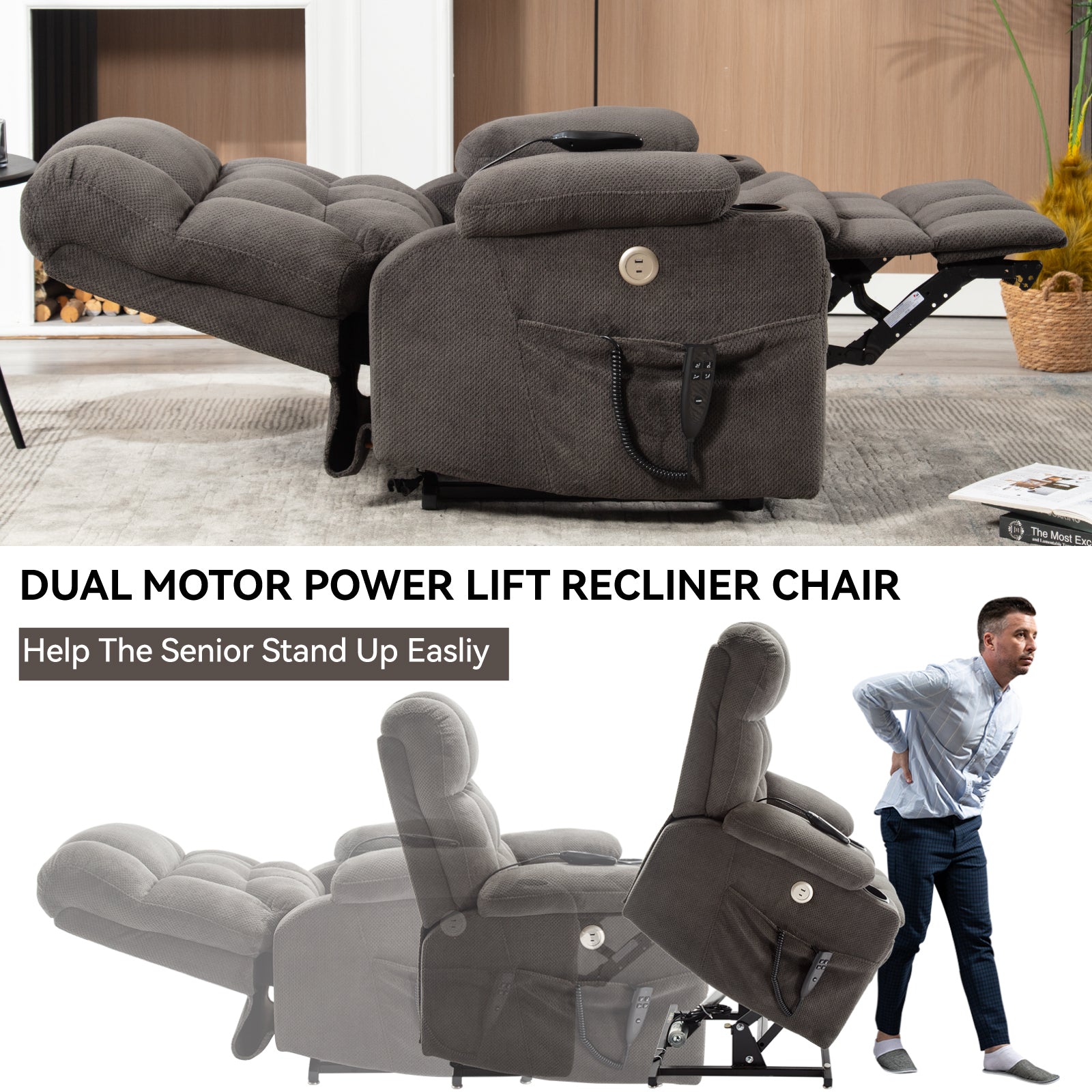 Brown Dual Motor Infinite Position Up to 350 LBS Chenille Power Lift Recliner Chair, Heavy Duty Motion Mechanism with 8-Point Vibration Massage and Lumbar Heating, Dual Cup Holders