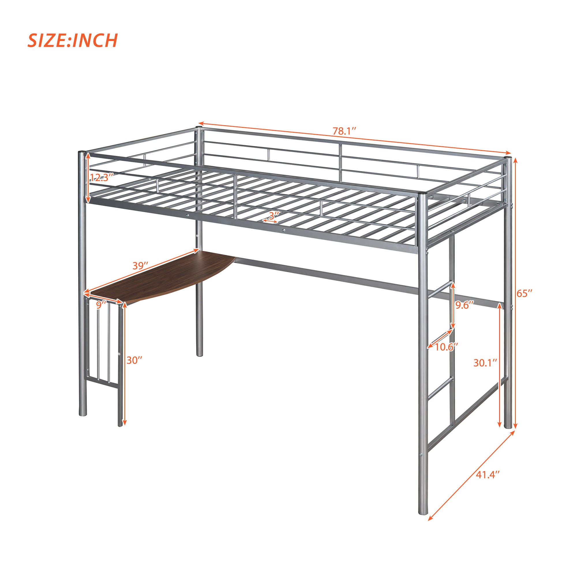 Twin Metal Loft Bed with Desk, Ladder and Guardrails, Loft Bed for Bedroom, Silver(OLD SKU : MF195191AAN)