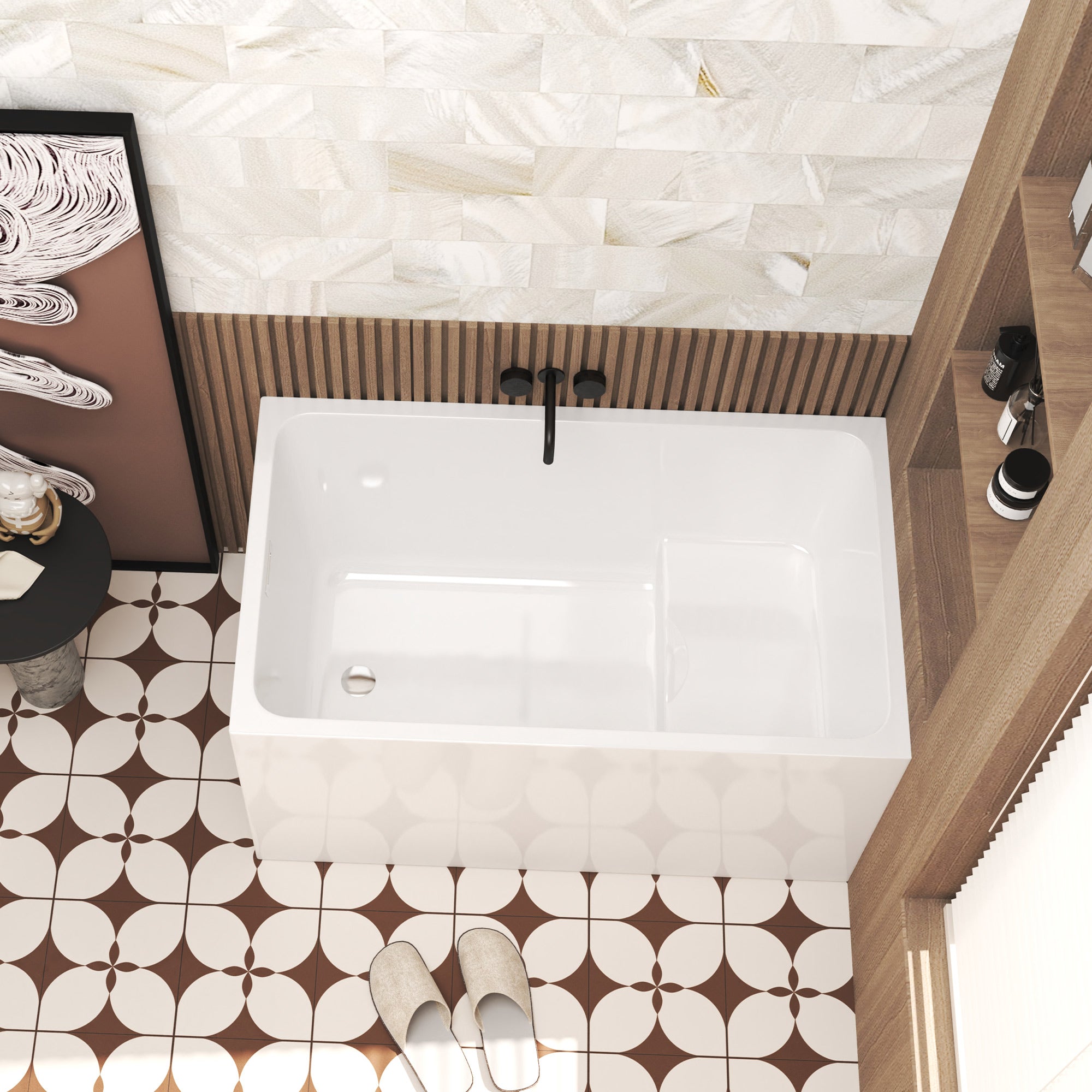 Gloss white freestanding bathtub with built-in seat, side view