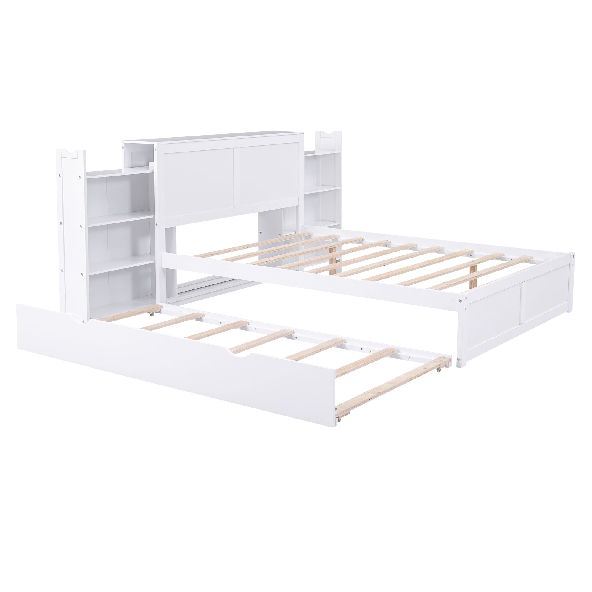 Full Size Storage Platform Bed with Pull Out Shelves and Twin Size Trundle, White