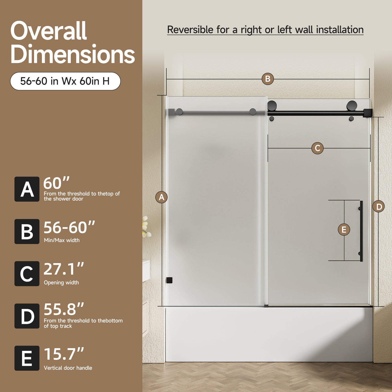 56-60 x 60 in Frosted Frameless Single Sliding Tub Door - 56-60 x 60 in / Frosted Glass / Matte Black view 3