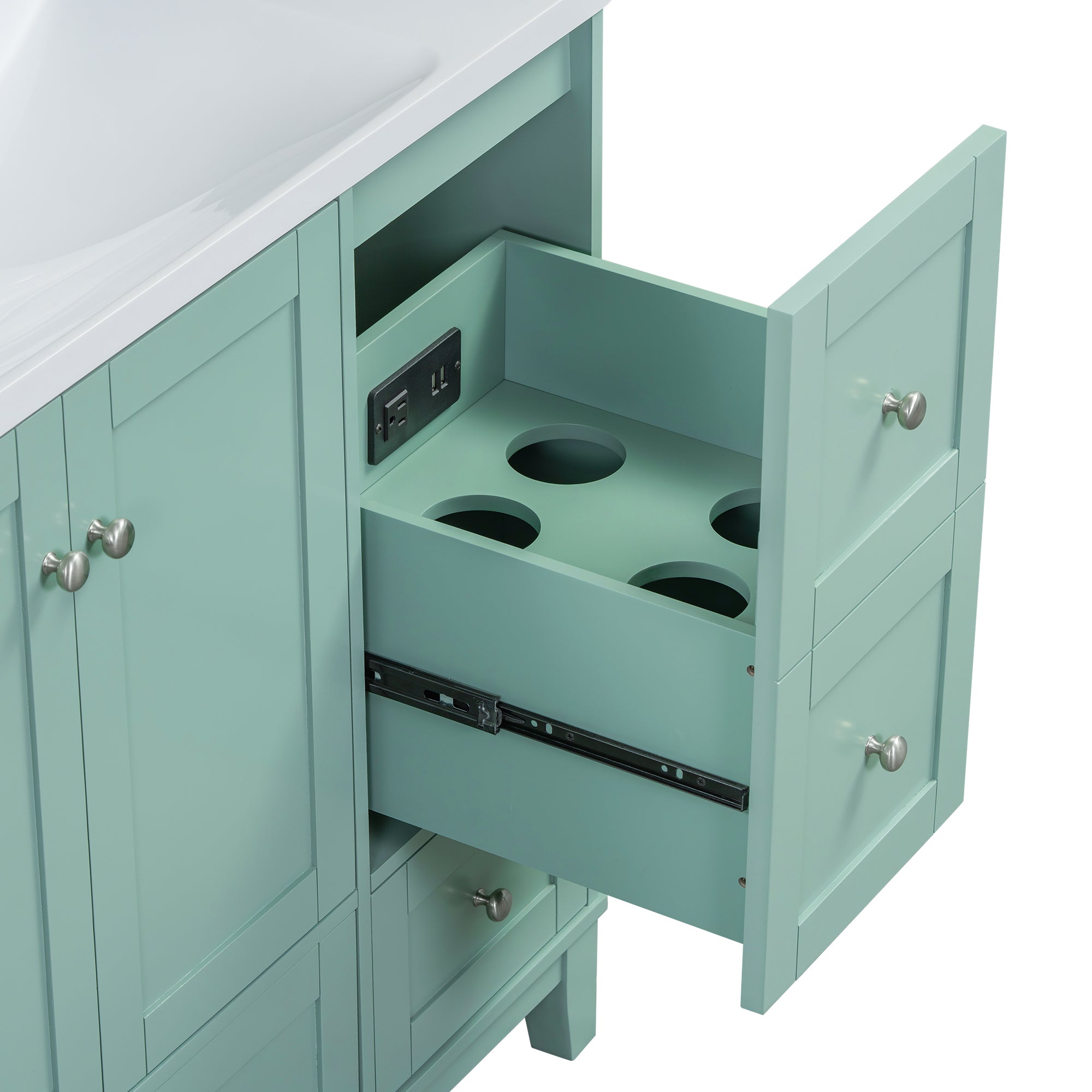 36 Inch Modern Bathroom Vanity with USB Charging, Two Doors and Three Drawers Bathroom Storage Vanity Cabinet, Small Bathroom Vanity cabinet with single sink , Green - Faucets Not Included