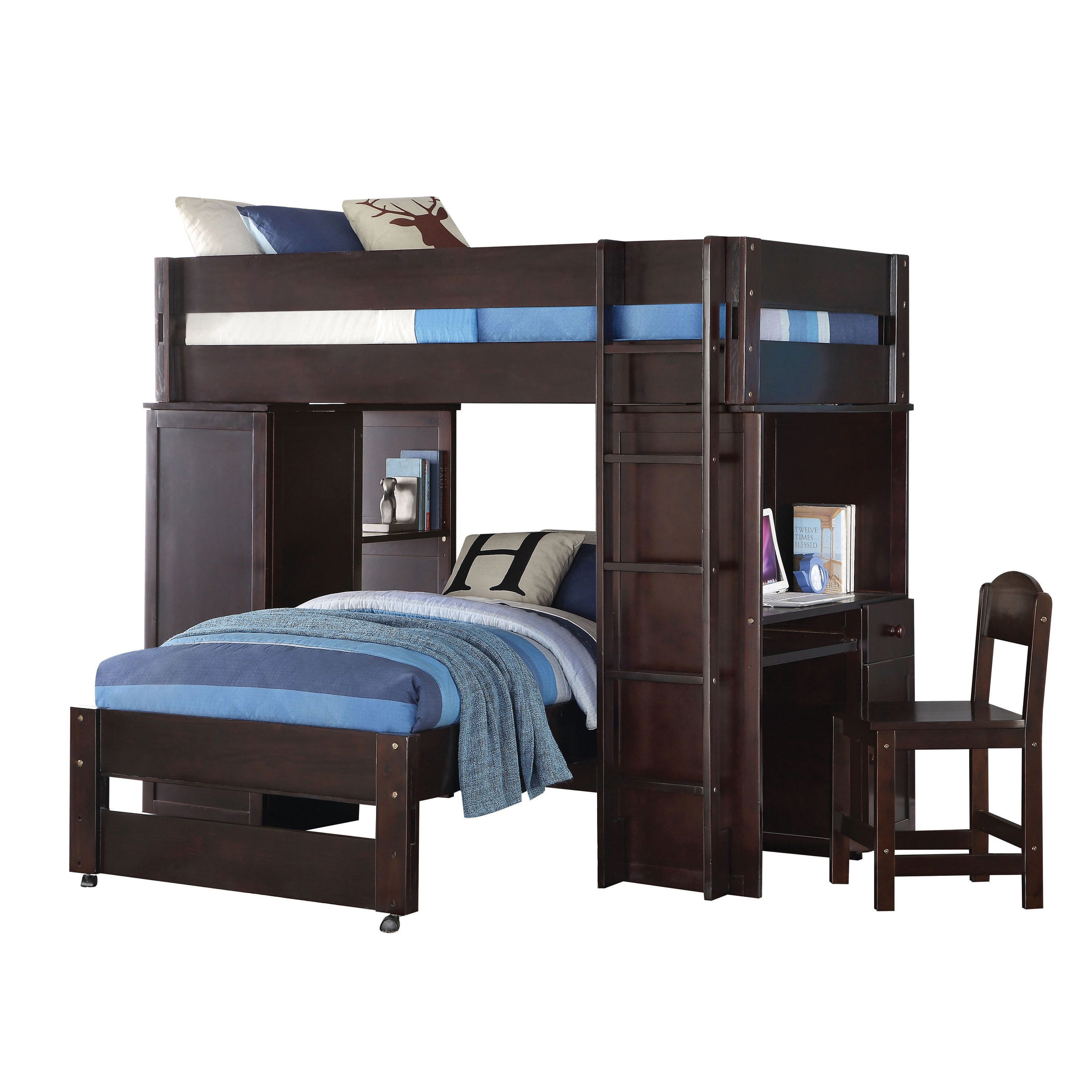 Wenge Twin Over Twin Loft Bed with Built-in Desk, Wardrobe and Chair