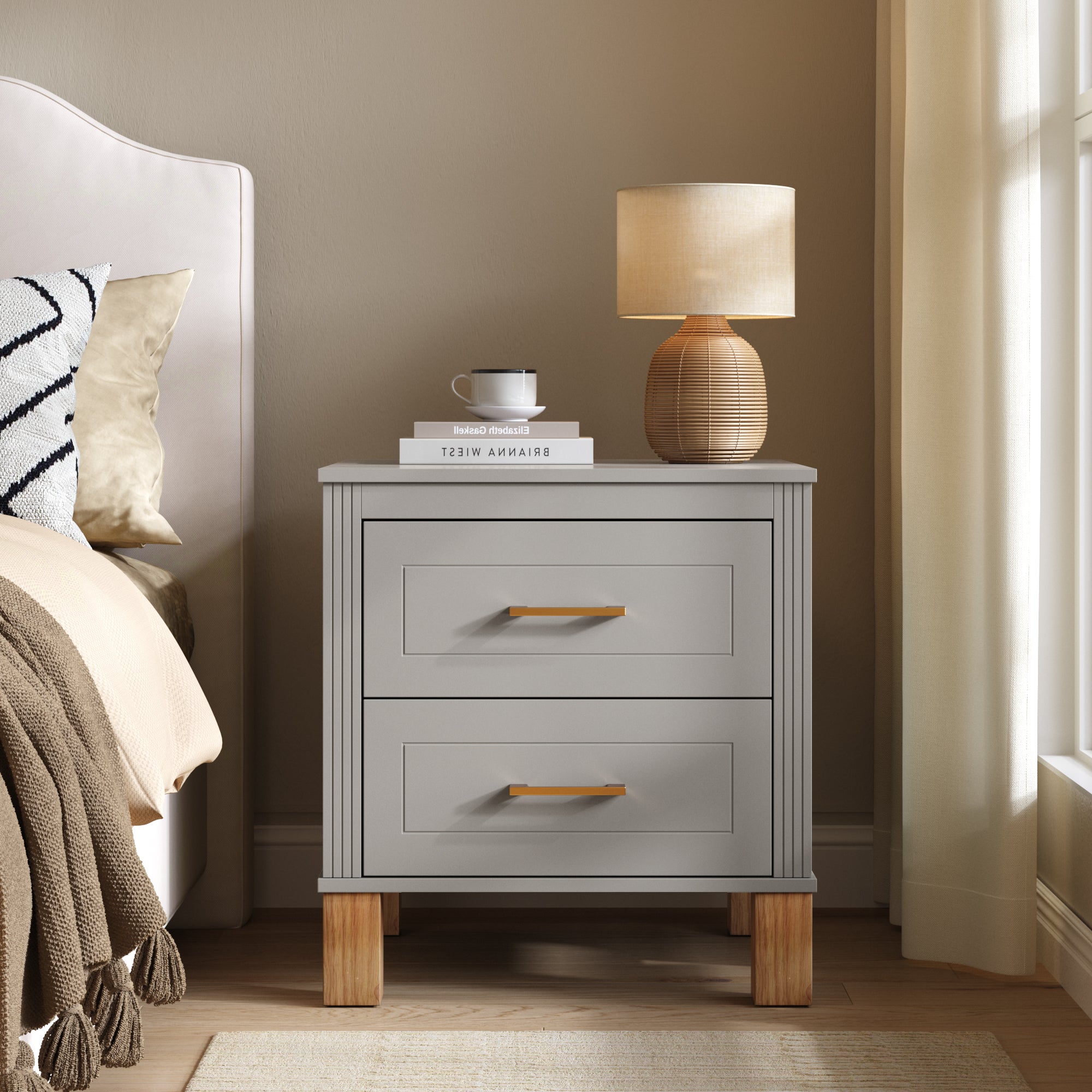Gray fluted nightstand angled view with solid wood legs and metal handles