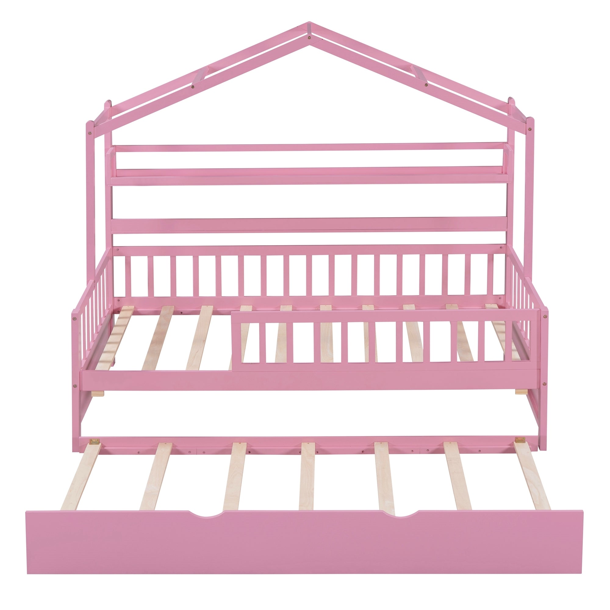 Wooden Twin Size House Bed with Trundle,Kids Bed with Shelf, Pink