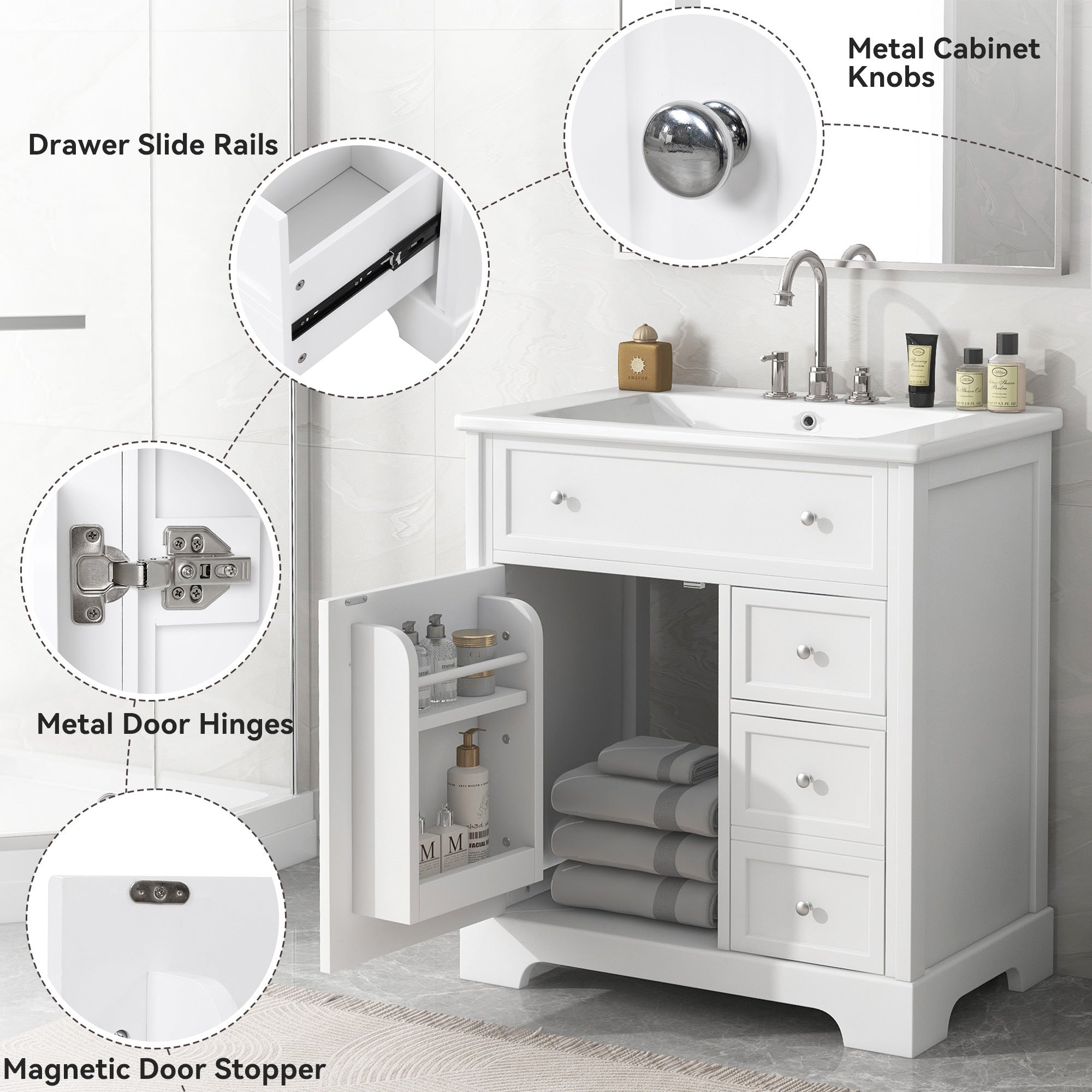 30" Bathroom Vanity with Sink Top, Bathroom Vanity Cabinet with Door and Two Drawers, MDF Boards, Solid Wood, One Package, White