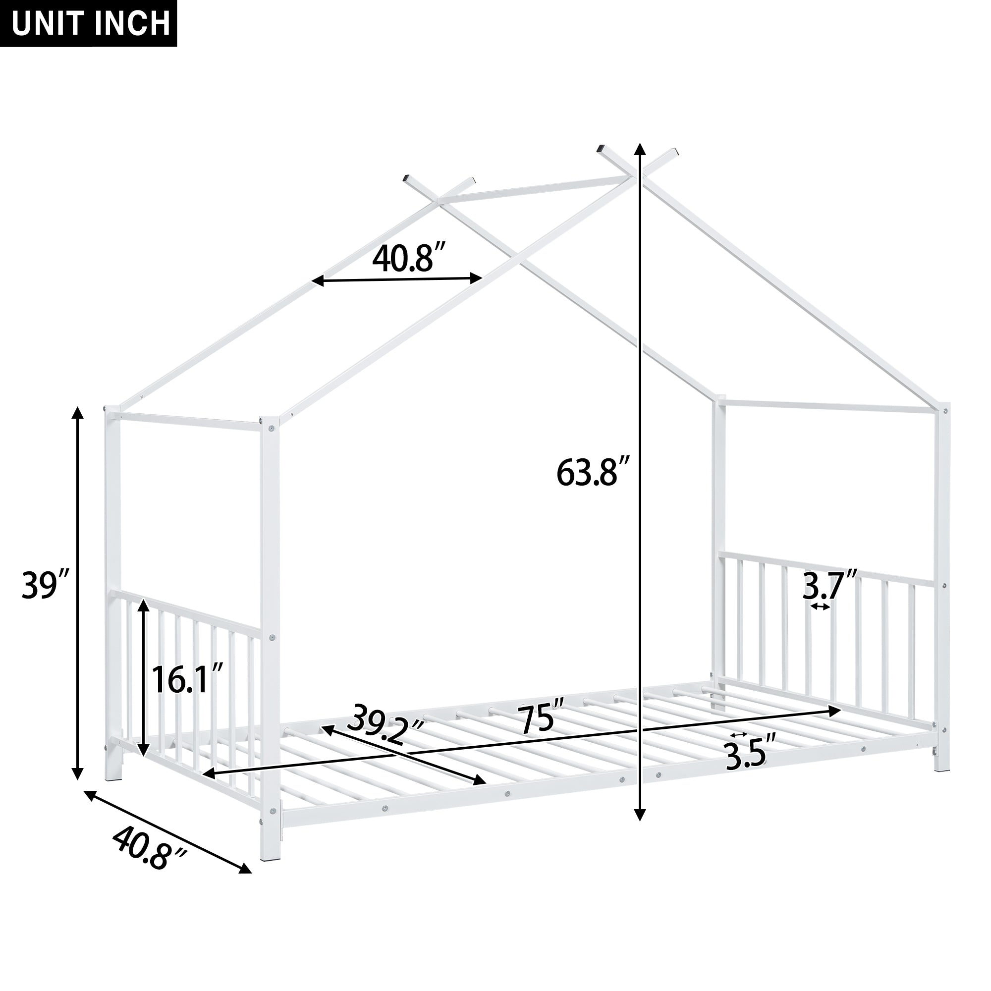 Twin Size Metal House Platform Bed, White