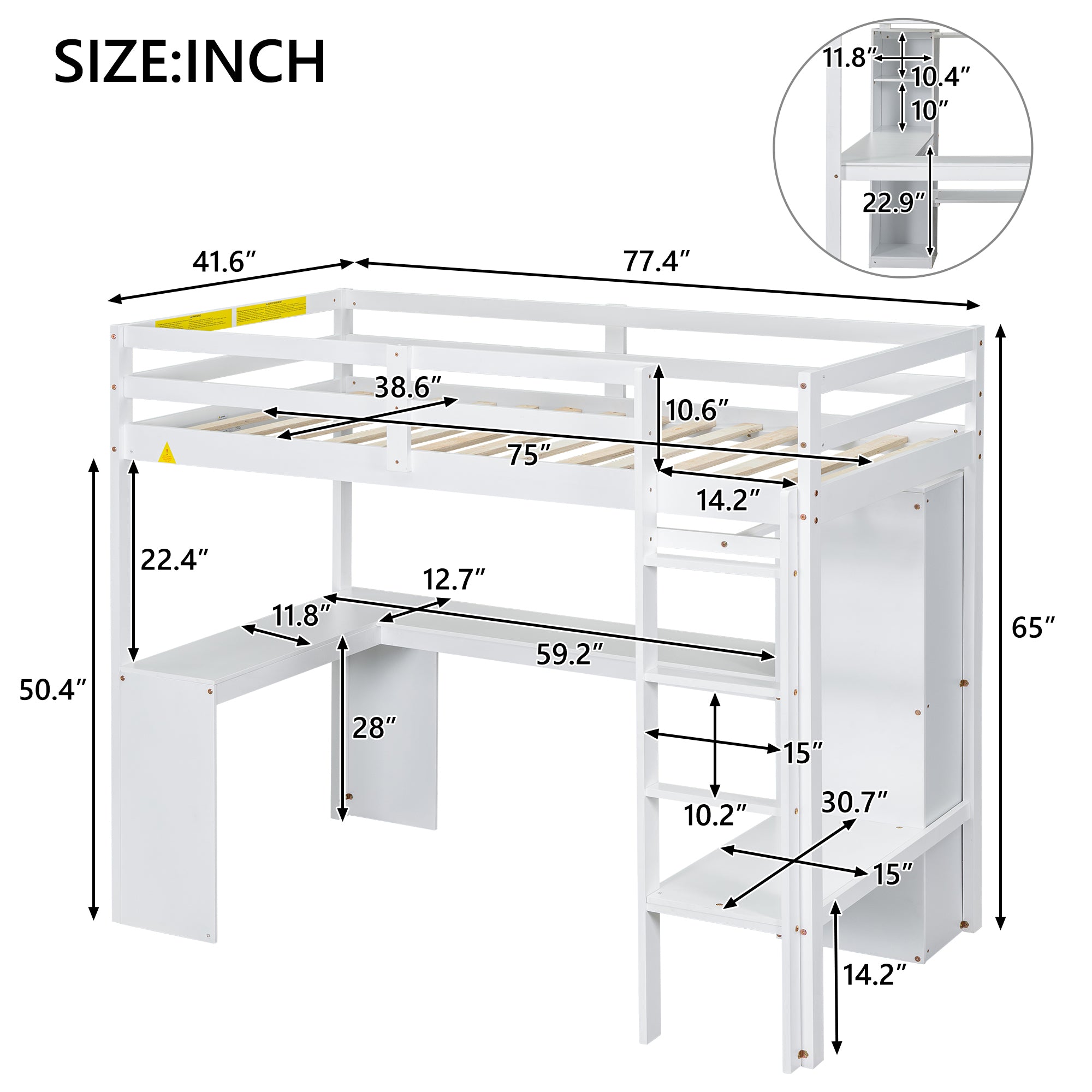 Twin Size Loft Bed with L-shaped Desk, Wardrobe and Storage Shelves, White