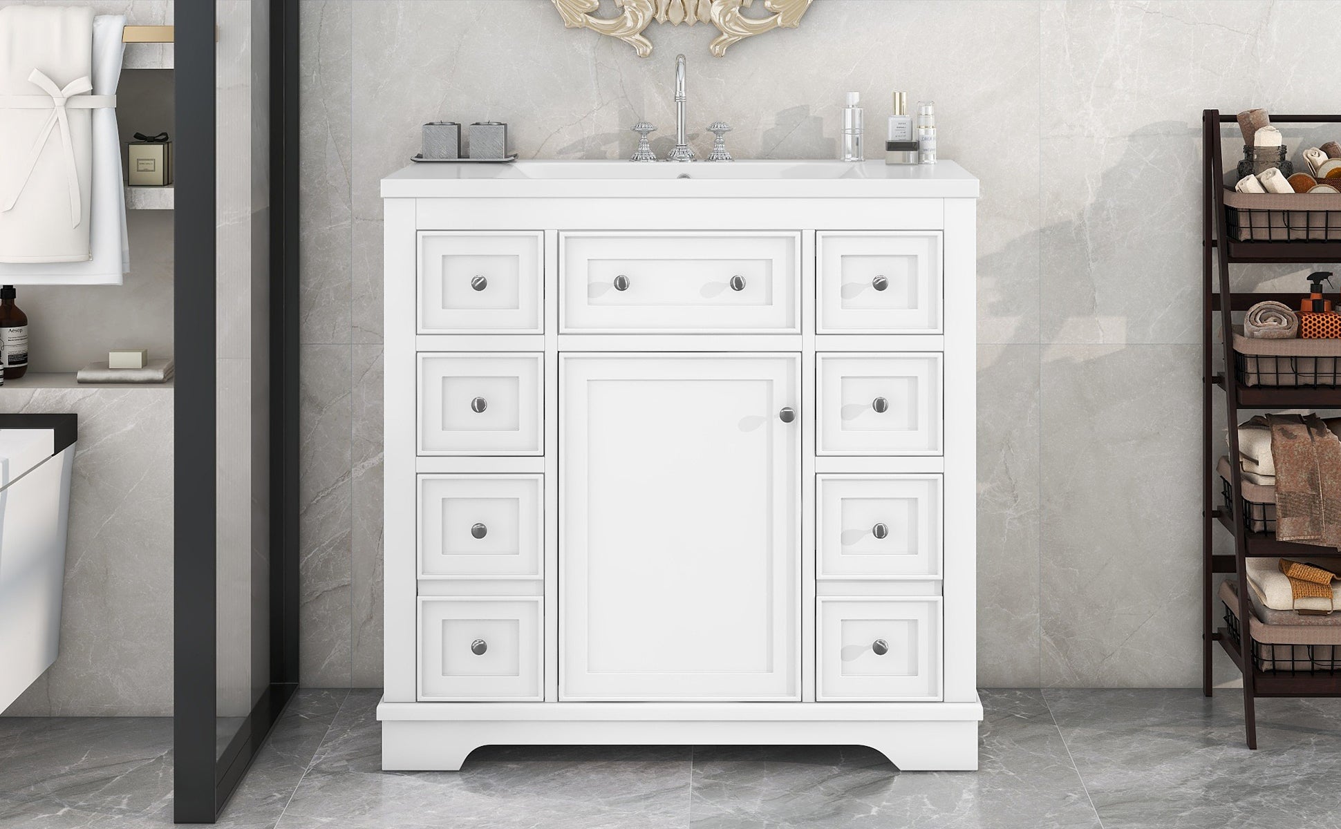 36" Bathroom Vanity with Sink Combo, One Cabinet and Six Drawers, Solid Wood and MDF Board, White