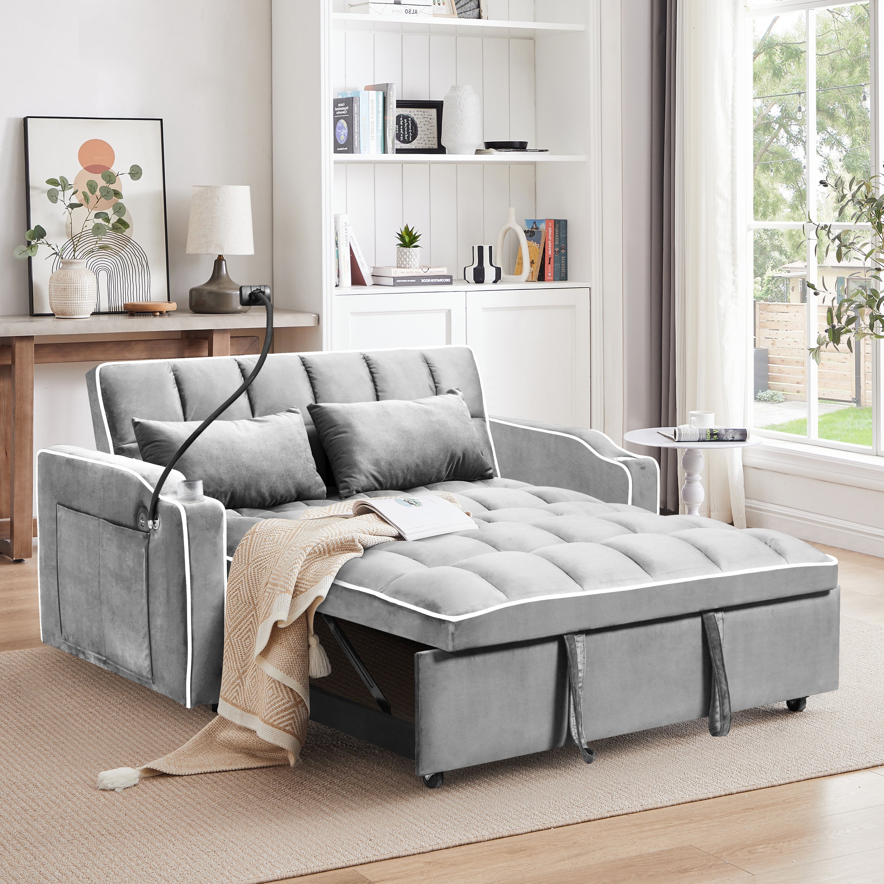 Multi-functional pullout sofa bed, 3 lengths, modern sofa sofa velvet pull-out bed, adjustable back, with USB port, ashtray and swivel phone stand( light grey)