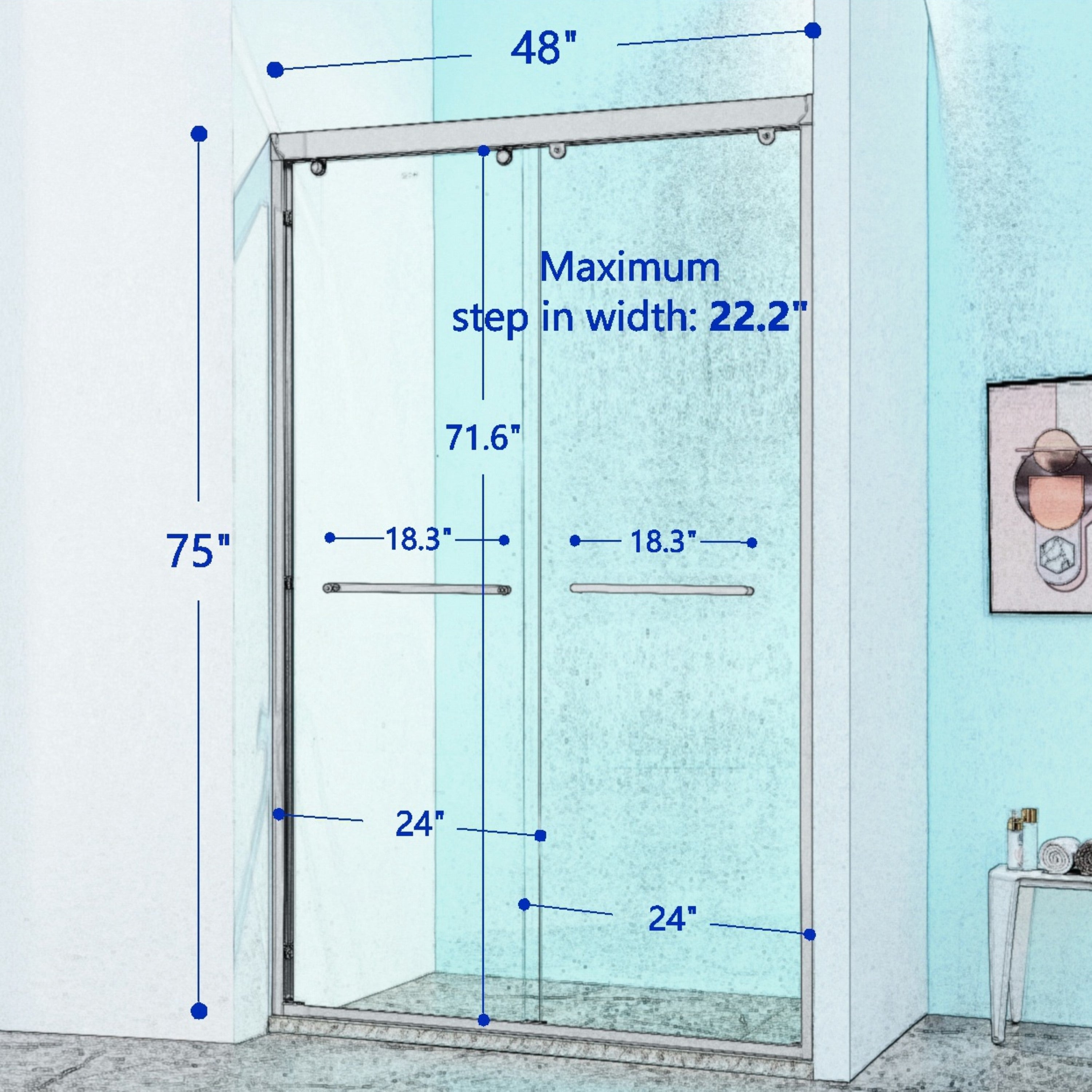 44-48"W x 75"H Double Sliding Shower Door, Aluminum Alloy Frame with 5/16" (8mm) Thick SGCC Tempered Clear Glass.