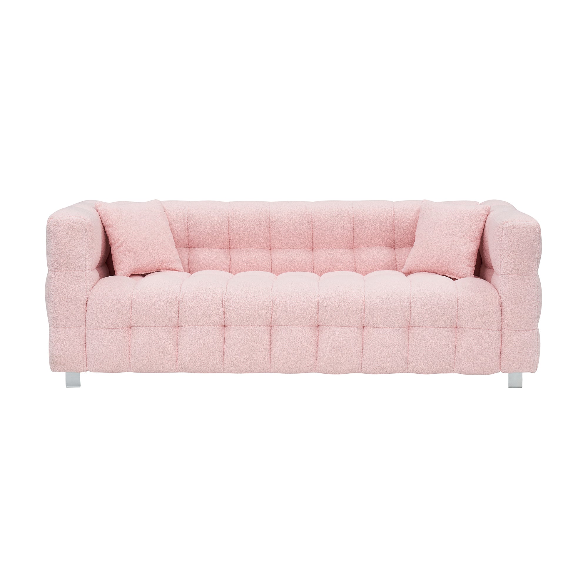 Stylish Addition: Pink Teddy Fleece Sofa - 80 Inch, Perfect for Living Room or Bedroom, Complete with Two Throw Pillows and Sturdy Hardware Foot Support