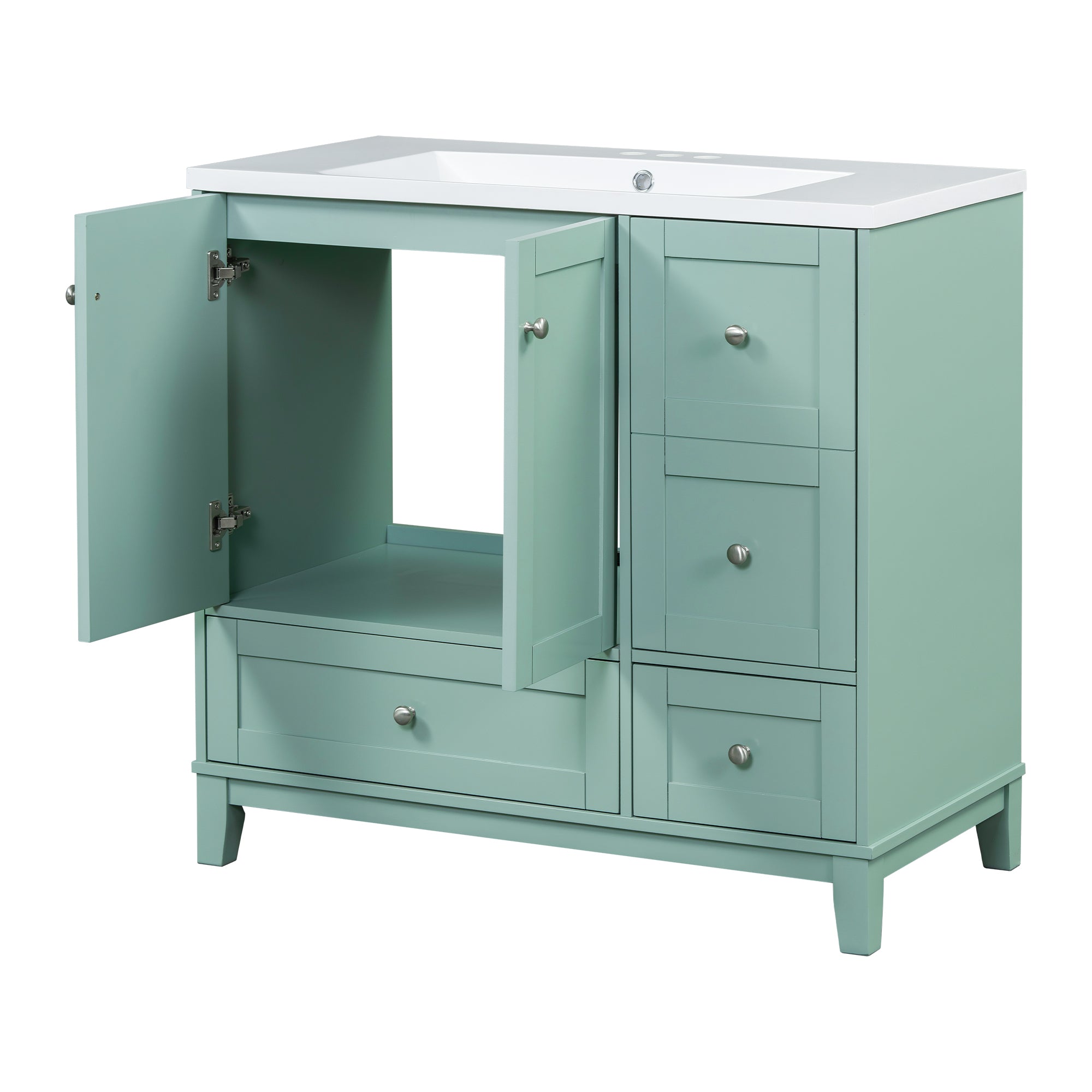 36 Inch Modern Bathroom Vanity with USB Charging, Two Doors and Three Drawers Bathroom Storage Vanity Cabinet, Small Bathroom Vanity cabinet with single sink , Green - Faucets Not Included