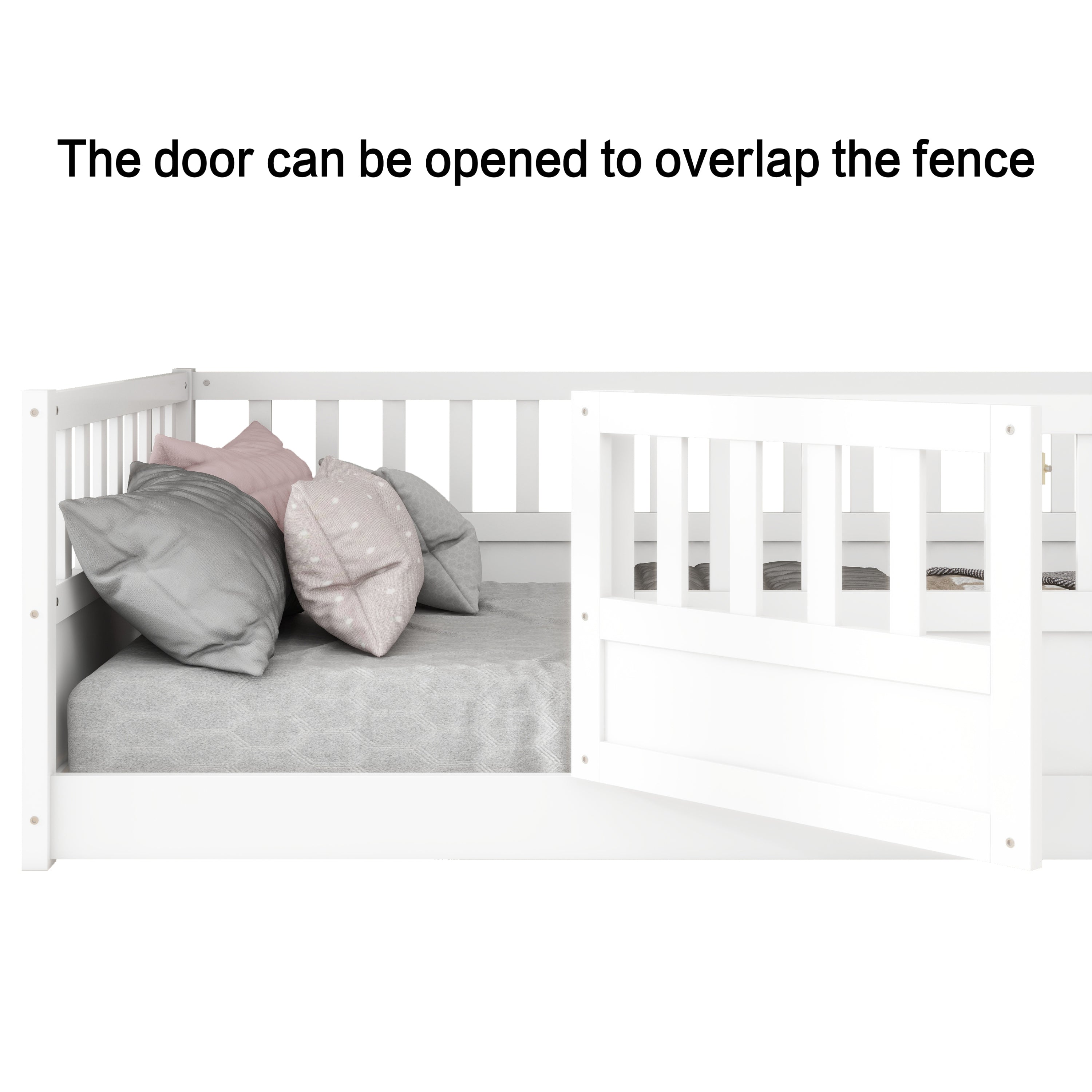 Twin Size Floor bed, integral construction with super high security barrier, door, children's floor bed frame, Montessori wooden children's floor bed, white