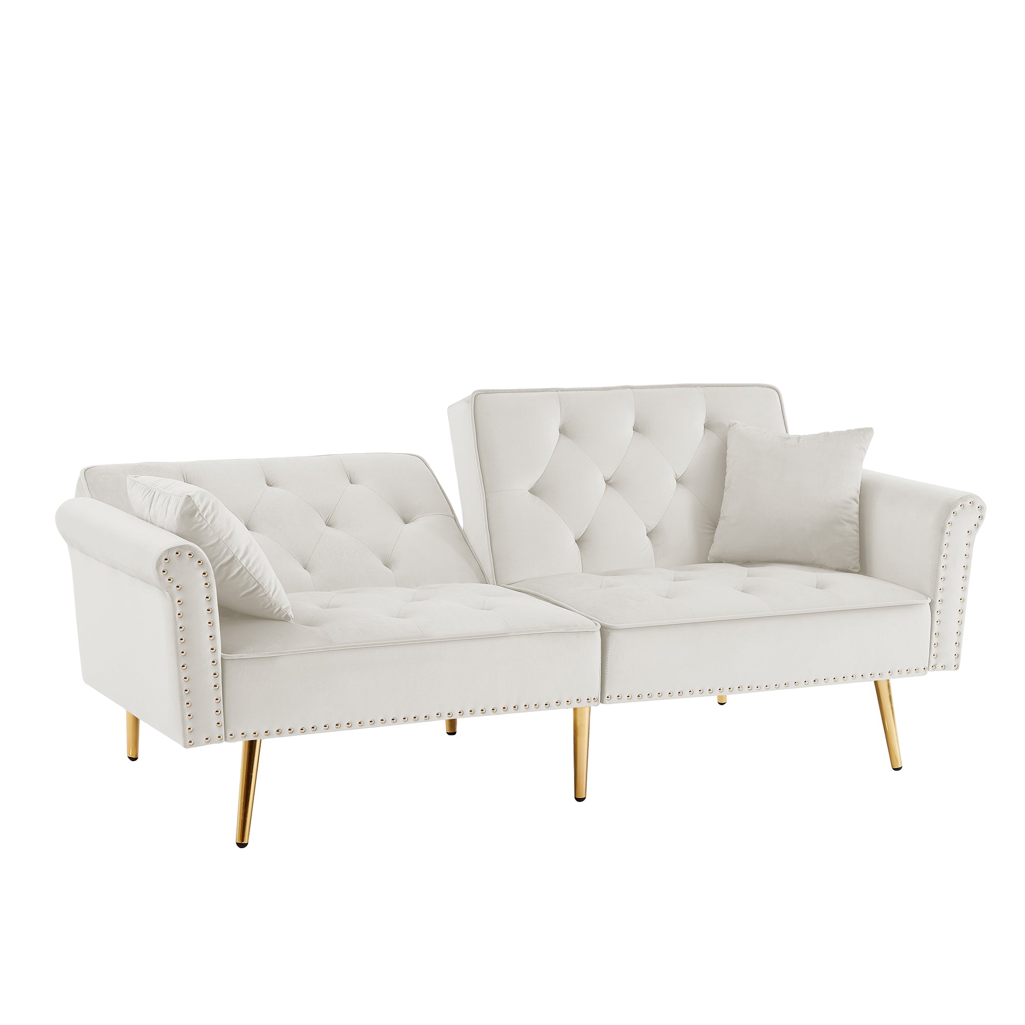 BEIGE Velvet Tufted Sofa Couch with 2 Pillows and Nailhead Trim