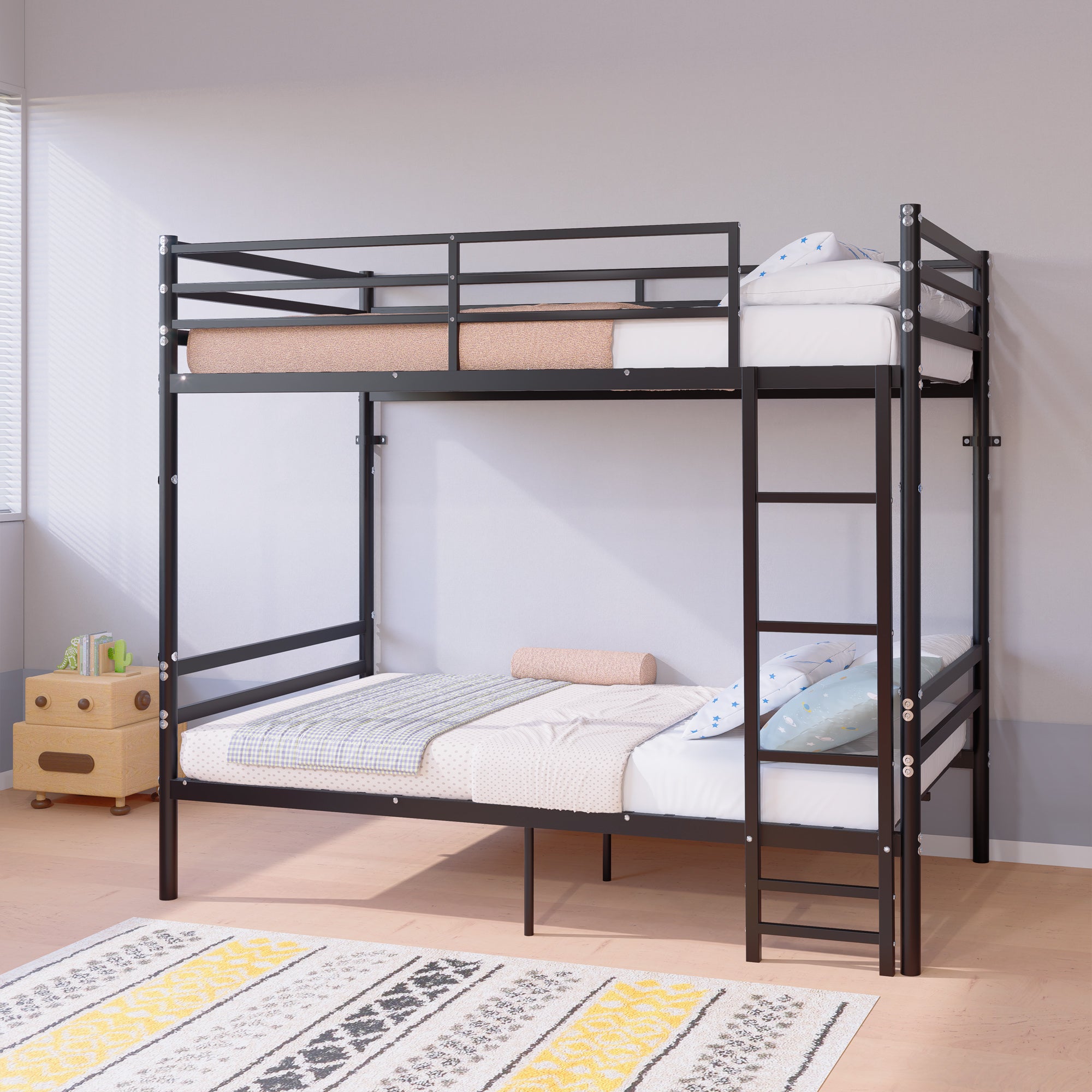 Twin over twin black bunk bed with ladder and storage, full front view