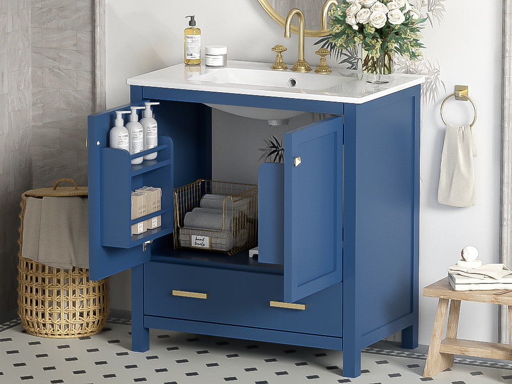 30" Blue Bathroom Vanity with Single Sink, Combo Cabinet Undermount Sink, Bathroom Storage Cabinet with 2 Doors and a Drawer, Soft Closing, Multifunctional Storage, Solid Wood Frame