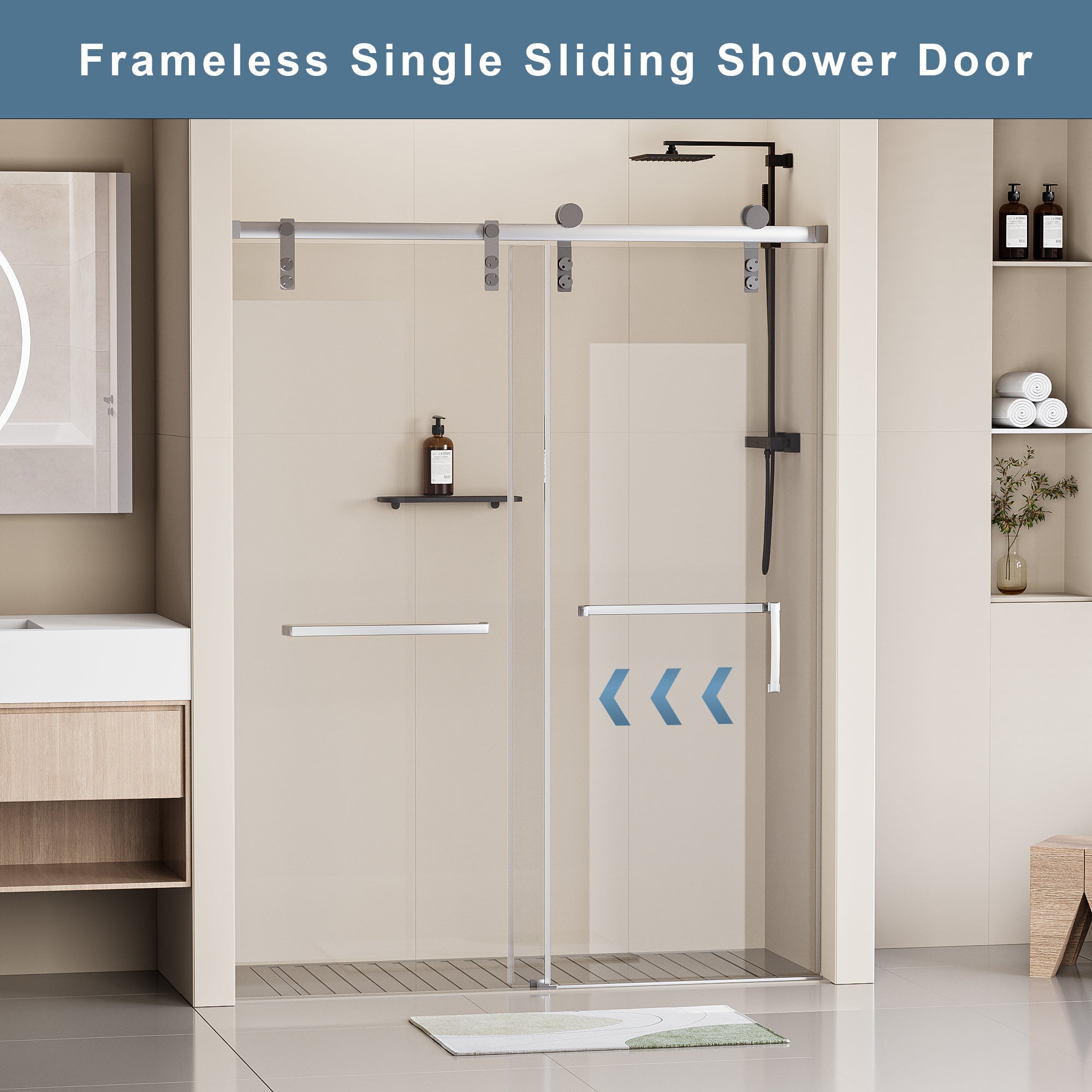 48"W x 76"H Frameless Soft-closing Shower Door, Single Sliding Shower Door with  5/16" (8mm) Clear Tempered Glass Shower Door with Explosion-Proof Film, Stainless Steel Hardware, Chrome 24D211-48C