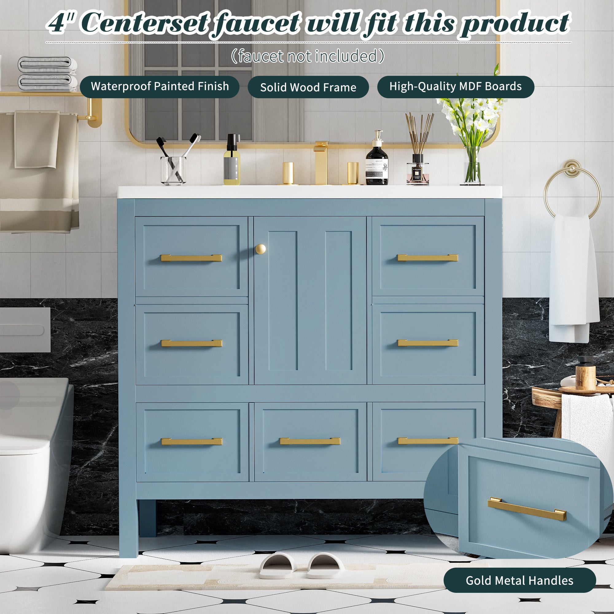 36'' Bathroom Vanity with Resin Sink Combo, Solid Wood Frame Bathroom Storage Cabinet, Freestanding Vanity Set with 5 Drawers& Soft Closing Doors (Same as N710S136002M)