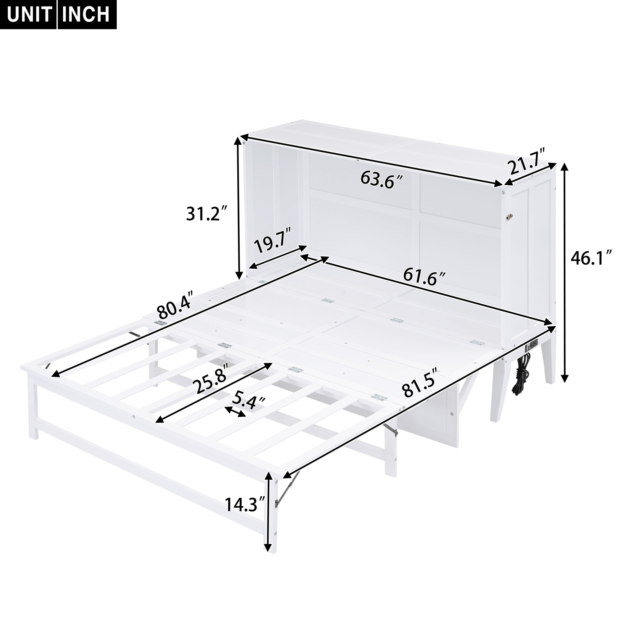 Queen Size Murphy Bed with Built-In Charging Station and a Shelf, White