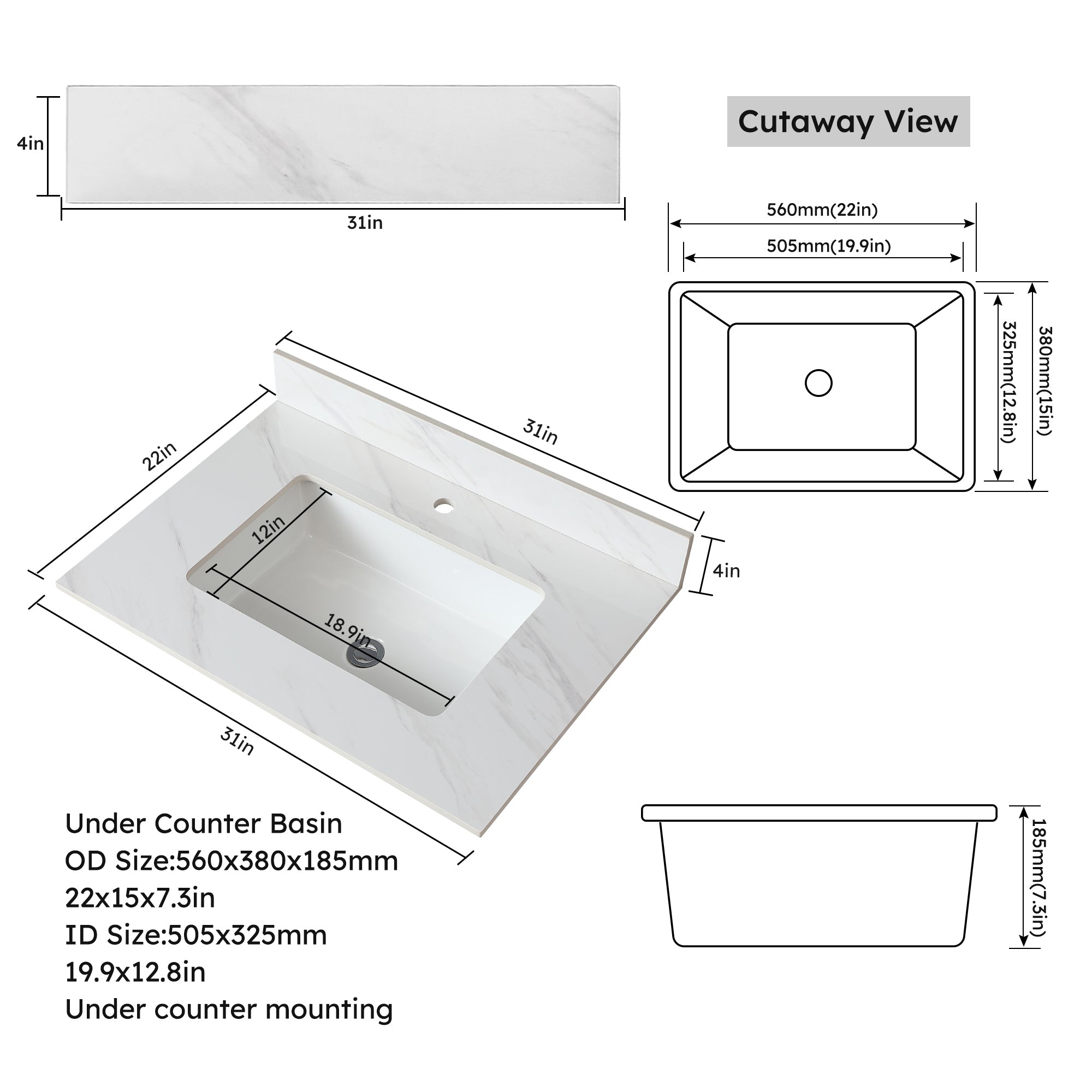 31 Inch Marble Vanity Top, White Vanity Top with Pre-drilled Faucet Holes, Bathroom Vanity Top with Undermount Rectangular Middle Sink and 4" Height Backsplash,  Bianco Carrara Venato