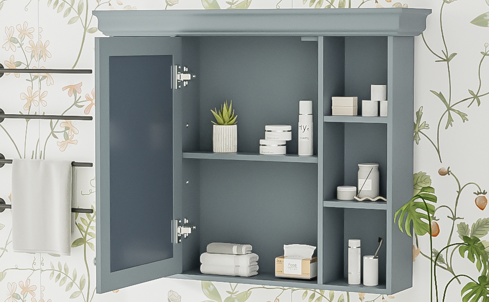 35'' x 28'' Blue Wall Mounted Bathroom Storage Cabinet with Mirror Door, Modern Bathroom Wall Cabinet with Mirror, Medicine Cabinet with 6 Open Shelves