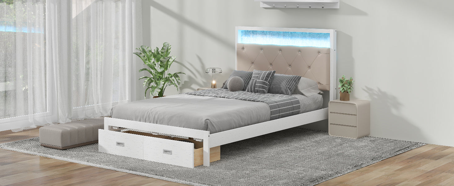 Wood Full Size Platform Bed with Upholstered Headboard and LED and 2 Drawers, Antique White