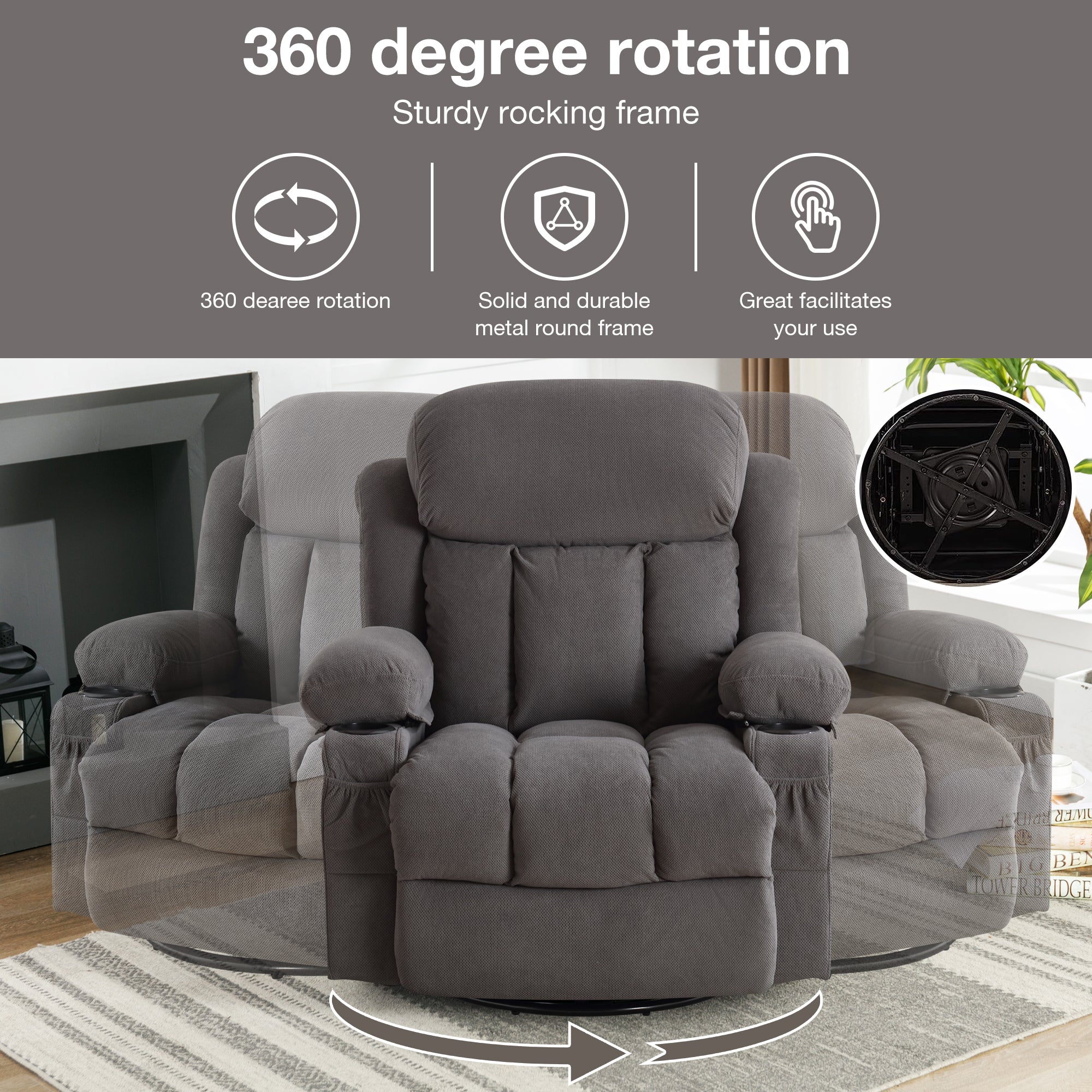 Swinging recliner massage heated sofa, with USB and 2 cup holders in side pockets, PackageA+B (GREY )