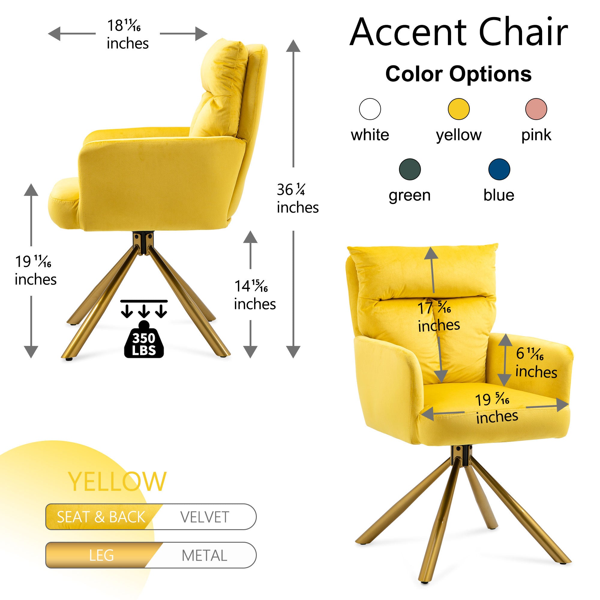 Yellow Velvet Contemporary High-Back Upholstered Swivel Accent Chair