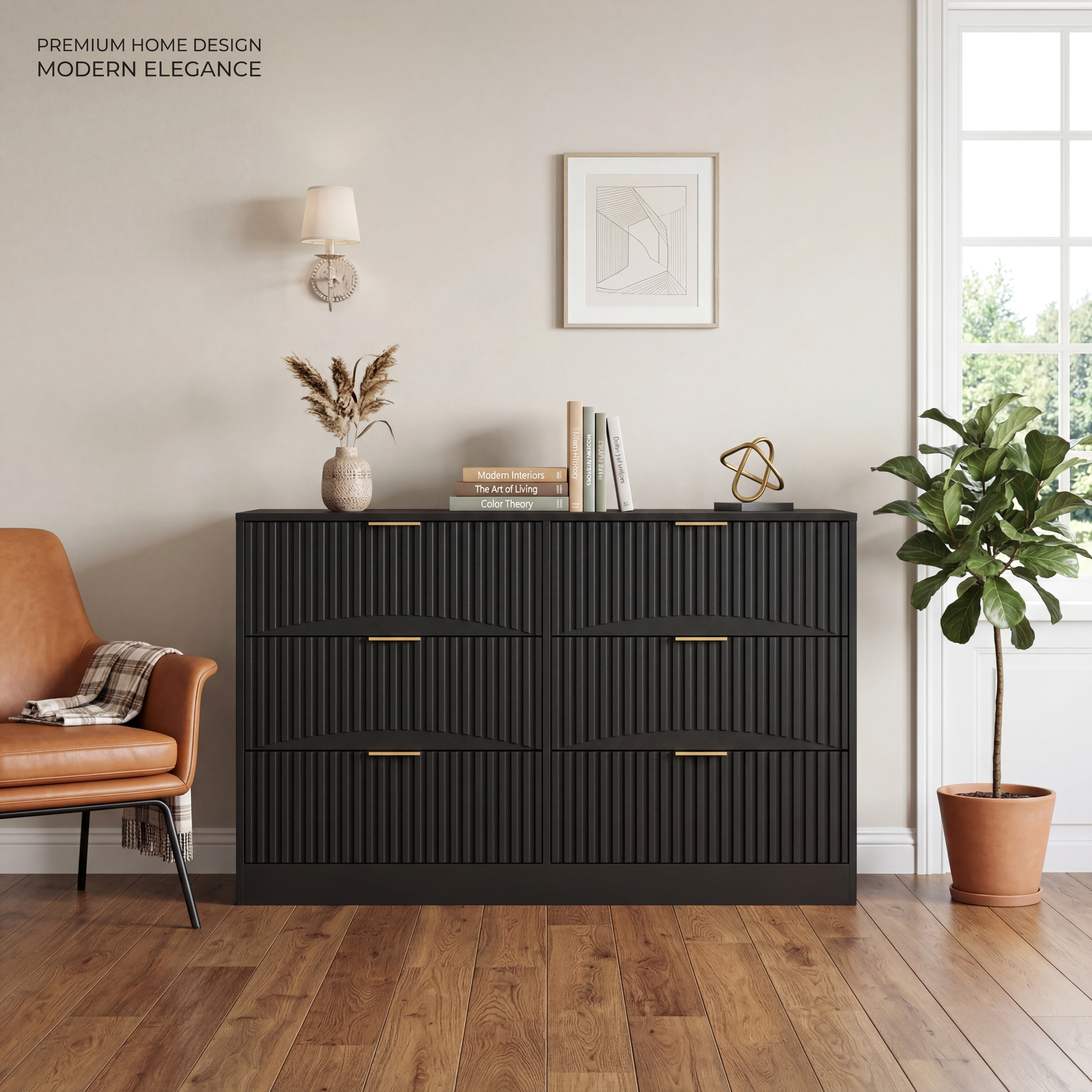 Black chest of drawers, angled view showing six drawers