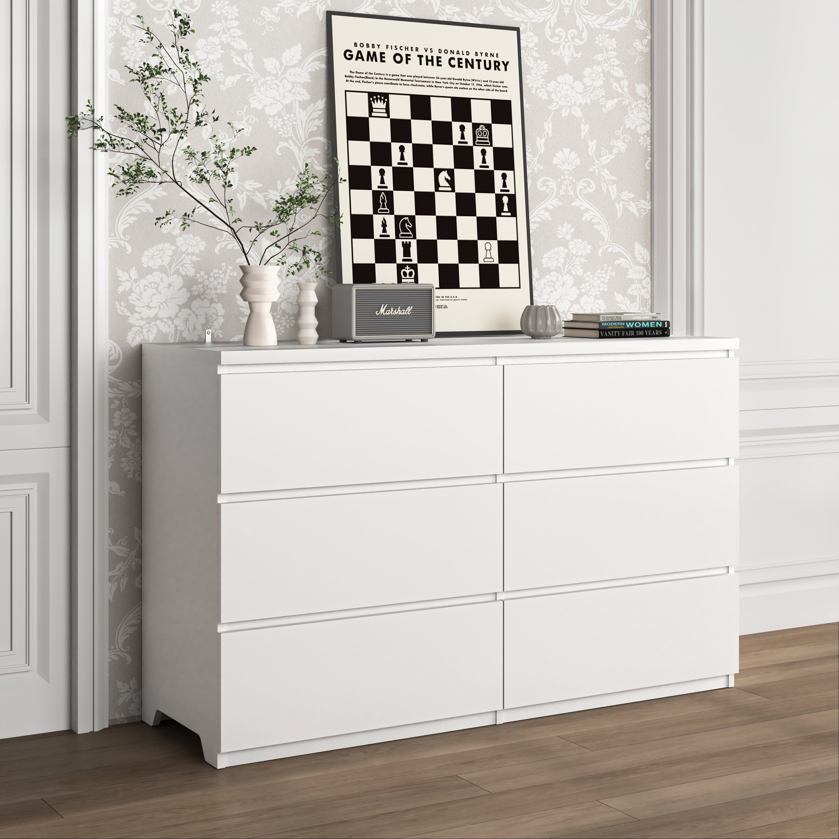 White wide wood dresser storage chest, drawer close-up