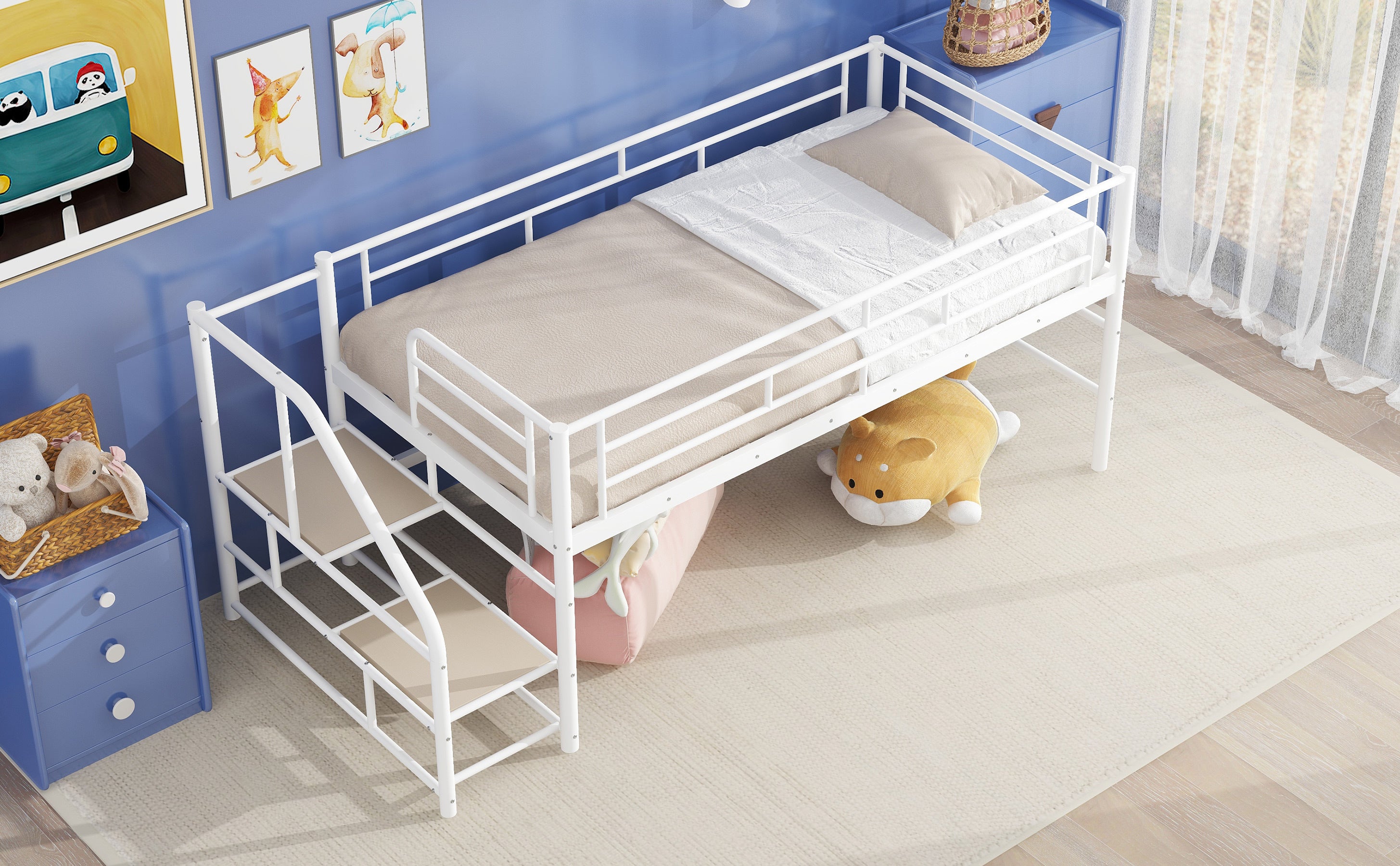 Mid Loft Bed with Storage stairs, Twin, White