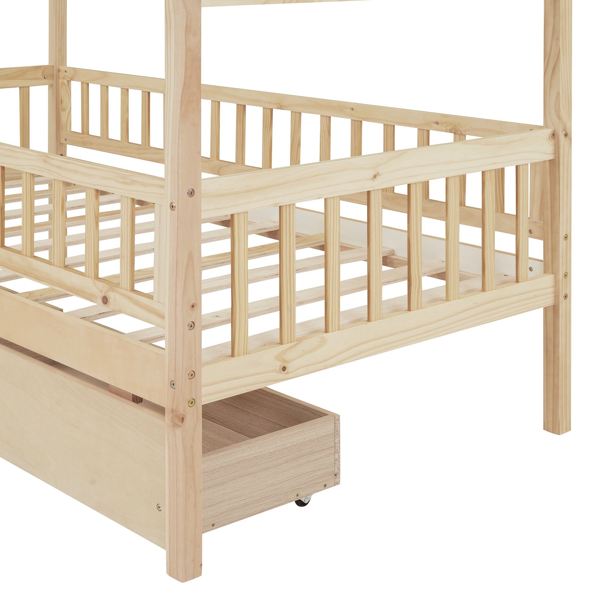 Twin Size Wooden House Bed with Two Drawers, Natural