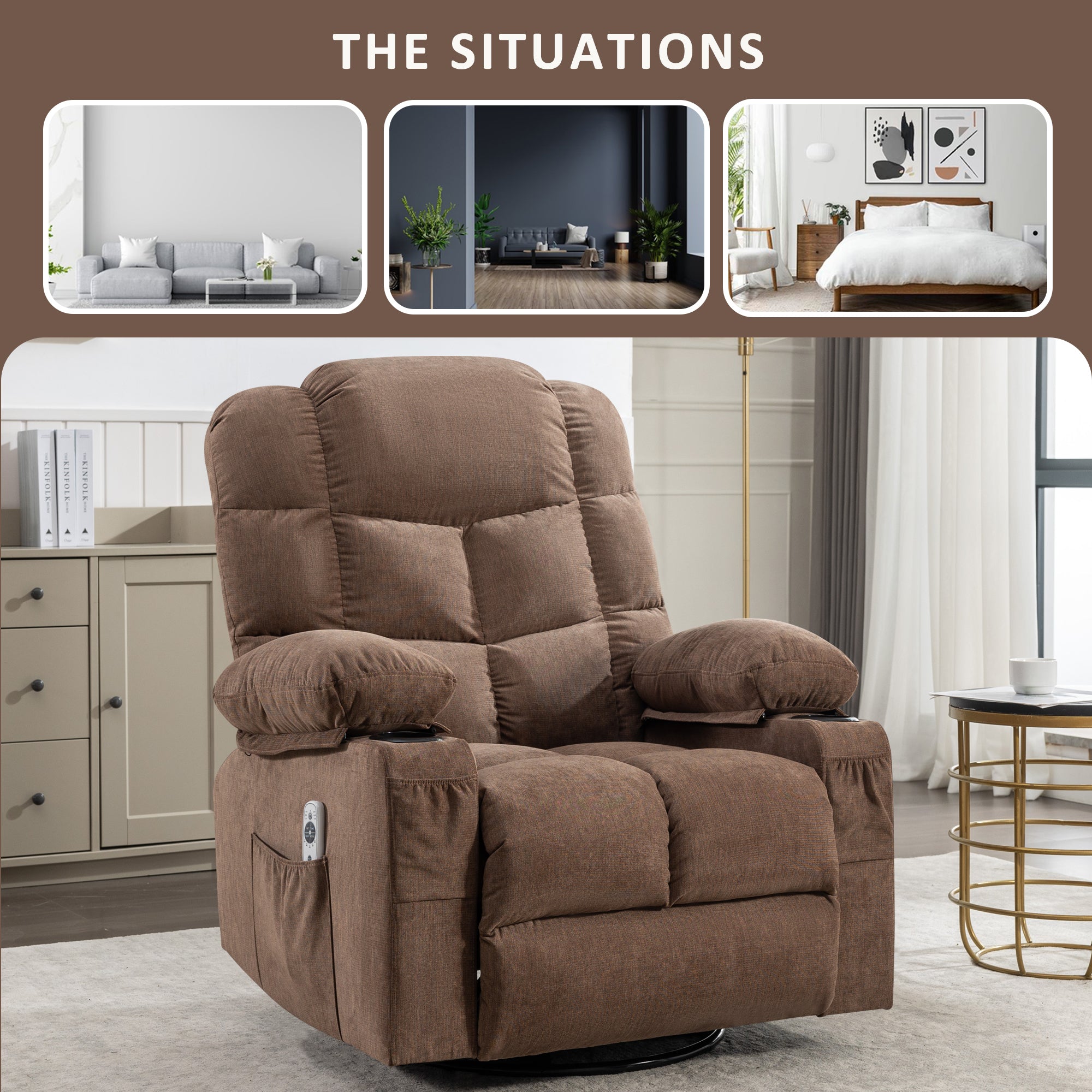 Massage Rocker Recliner Chair Rocking Chairs for Adults Oversized with 2 Cup Holders, USB Charge Port Soft Features a Manual Massage and Heat.(A+B)BROWN