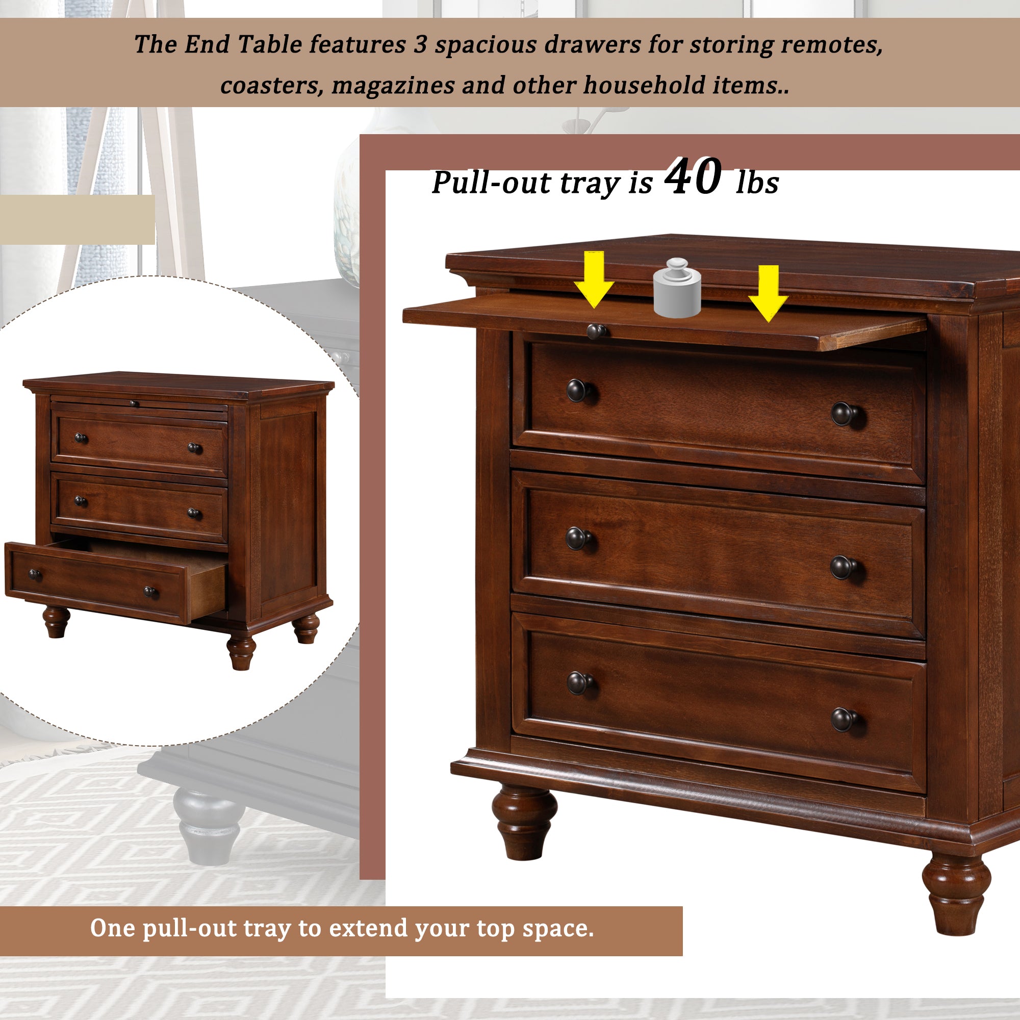 Pine wood veneer bedside cabinet with 3 drawers open, storage view