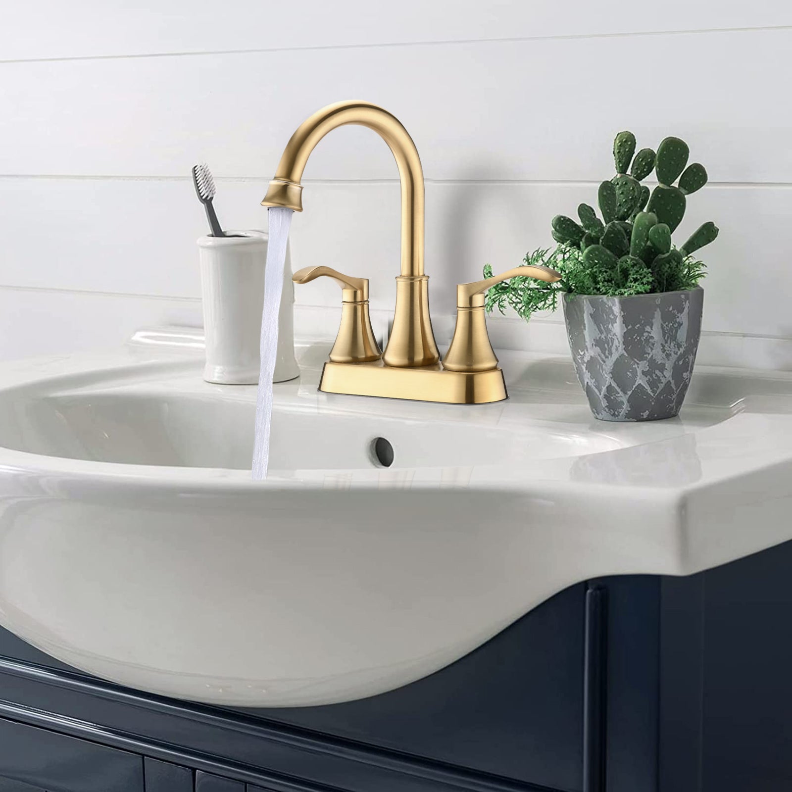 4 inches Centerset Bathroom Faucet 360° Swivel Spout, with Pop Up Drain - Brushed Gold