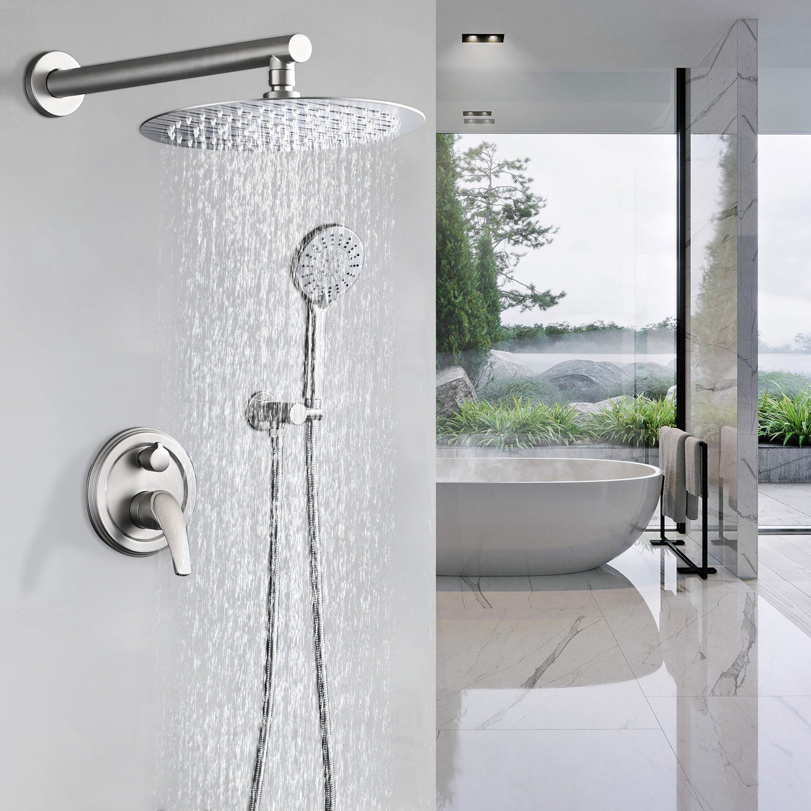 10 Inches Wall Mounted Shower with High Pressure Rain Shower Head and 5-Function Handheld Shower Head