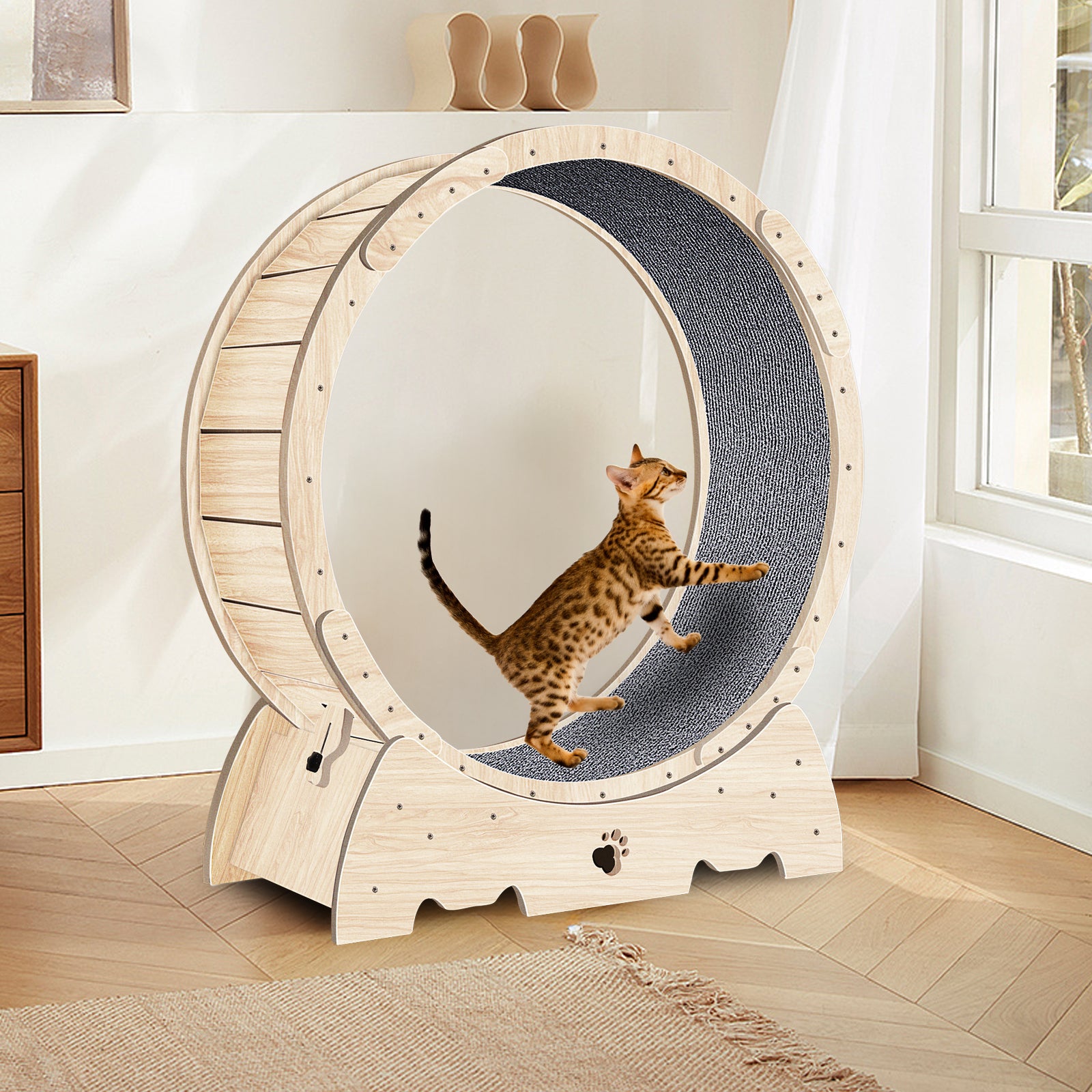 Cat Exercise Wheel for Indoor Cats, Cat Running Wheel with Carpeted Runway, Cat Sport Treadmill Wheel for Kitty's Longer Life, Fitness Weight Loss Device, 37" Natural Wood Color