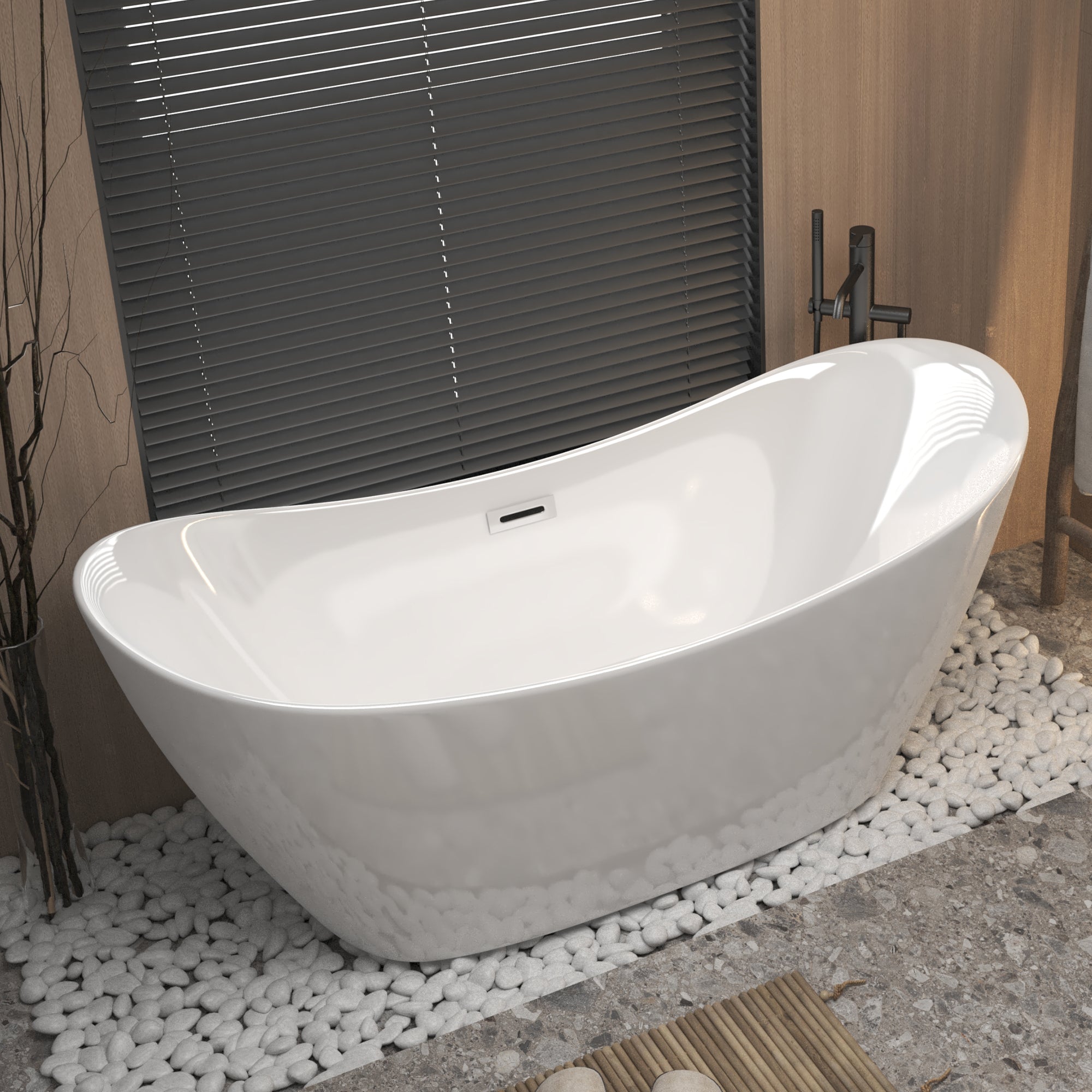 Gloss white freestanding soaking tub with chrome pop-up drain, angled view