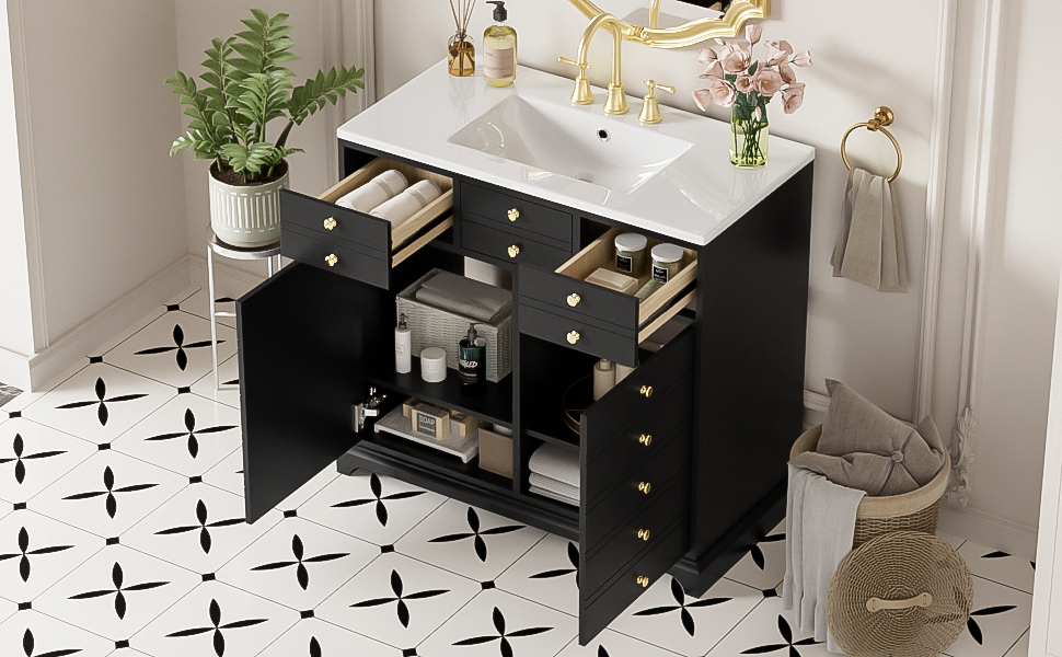 36'' Bathroom Vanity with Ceramic Sink Combo, Solid Wood Frame Bathroom Storage Cabinet, Freestanding Vanity Set with 2 Drawers& Soft Closing Doors, Black